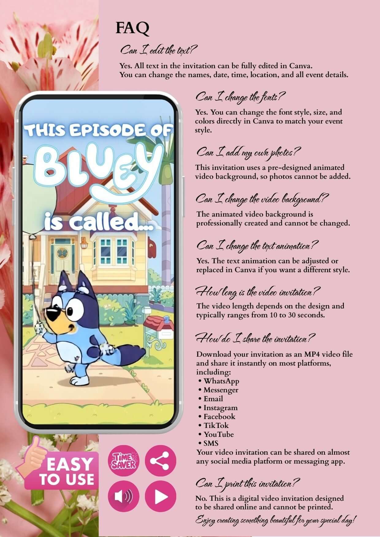 Bluey birthday invitation video preview on mobile screen with colorful design and FAQs.