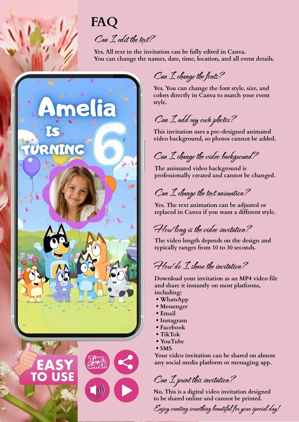 Bluey birthday video invitation with personalized photo for Amelia's 6th birthday, showcasing animated background and details.