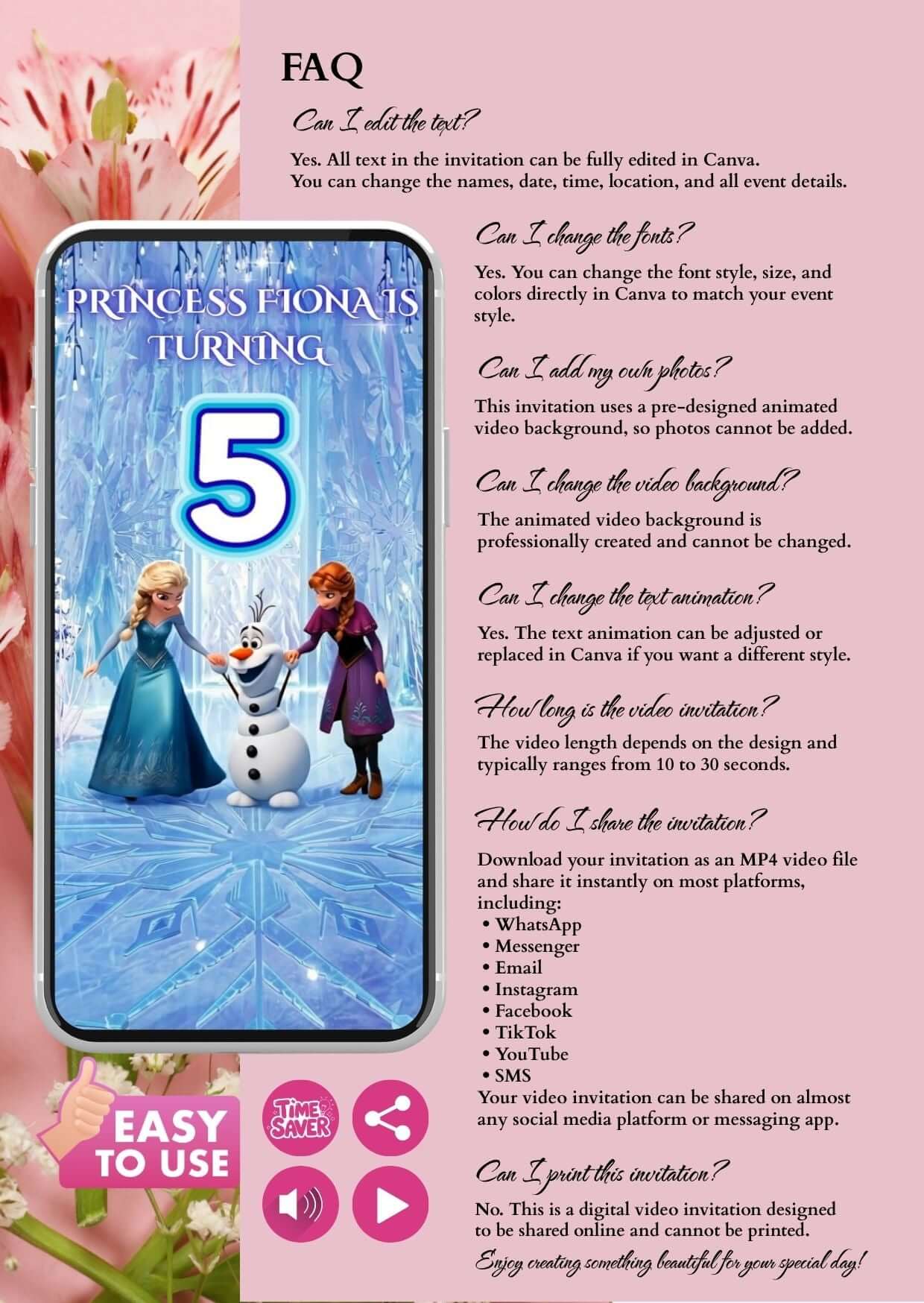 Frozen birthday invitation video featuring animated characters with snowy background and editable details for a magical celebration.