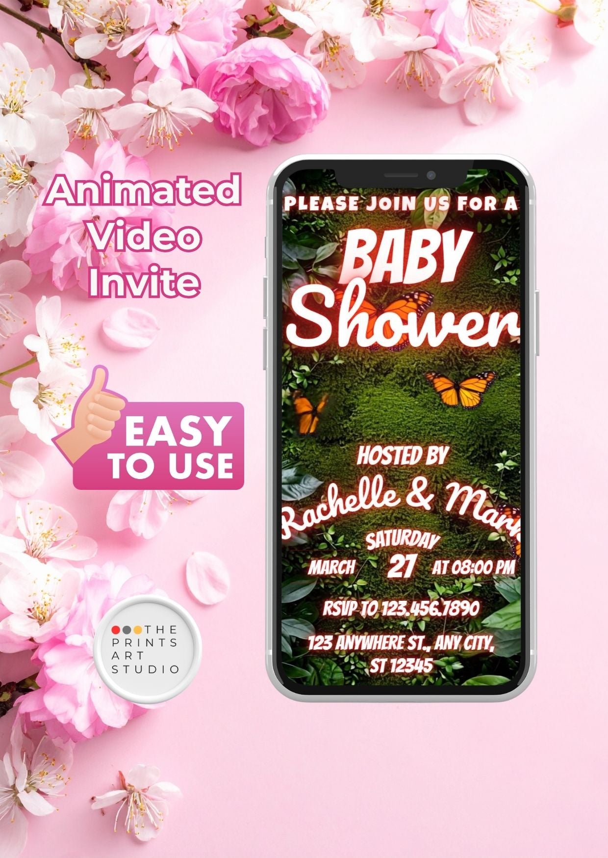Baby Shower Video Invitation Jungle Theme with floral design, butterflies, and event details on a smartphone screen.