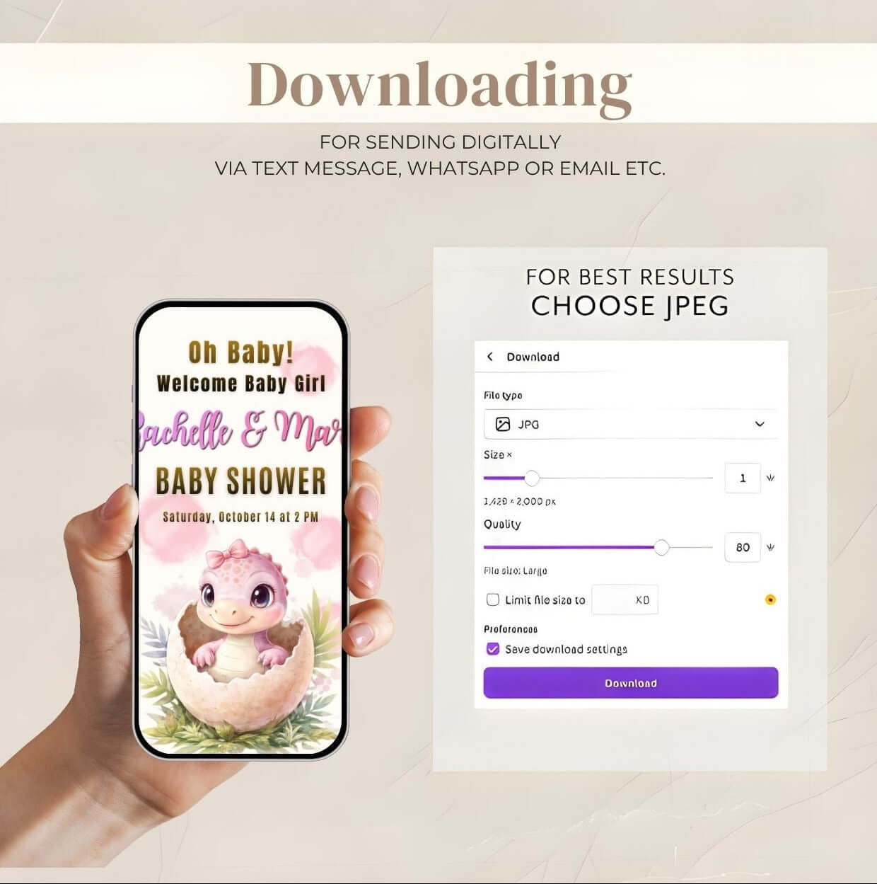 Girl Baby Shower Welcome Sign Editable Pink Dinosaur Baby Shower on mobile device for digital download instructions.