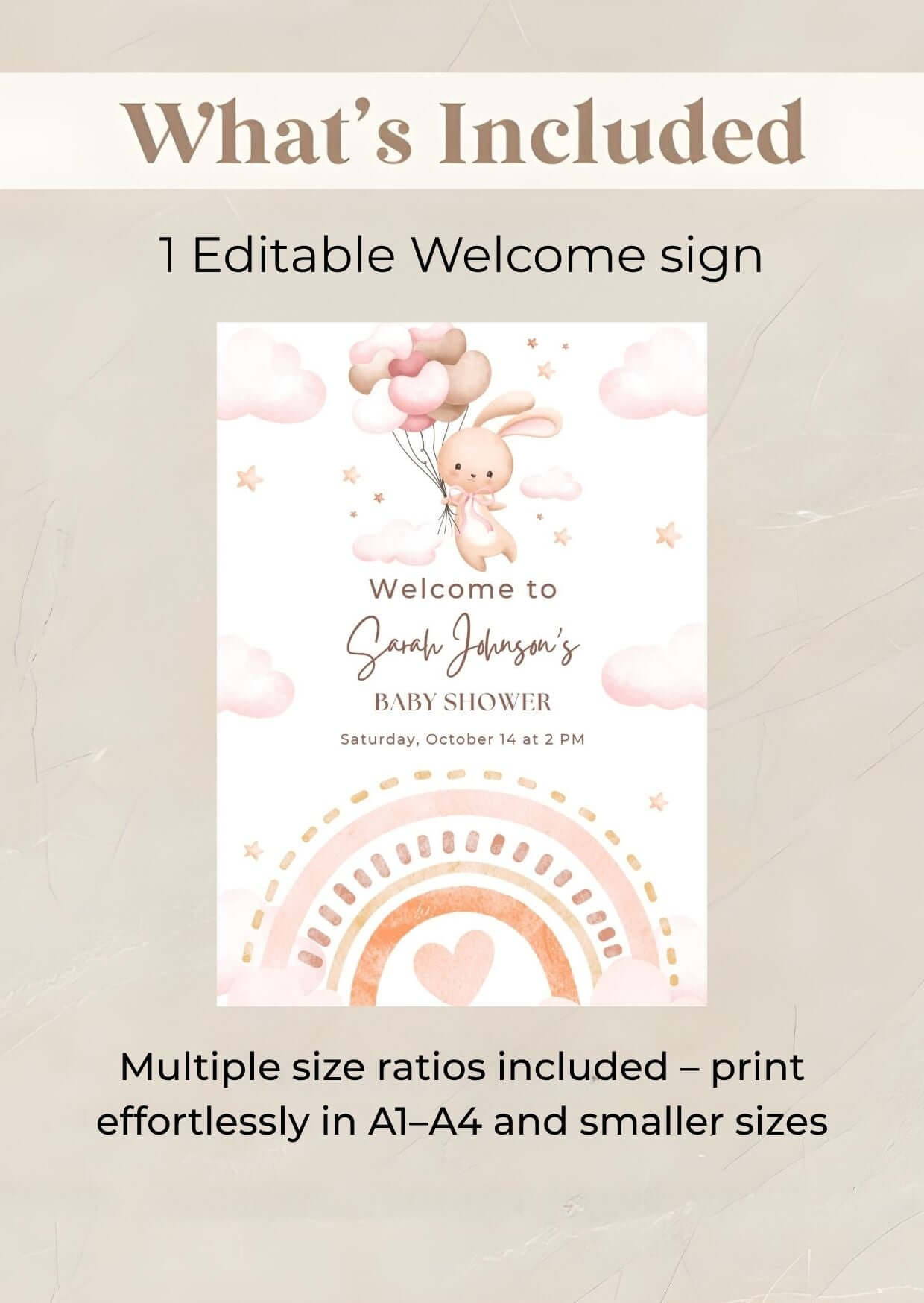 Baby shower welcome sign featuring a bunny with balloons and editable details for a personalized baby shower.