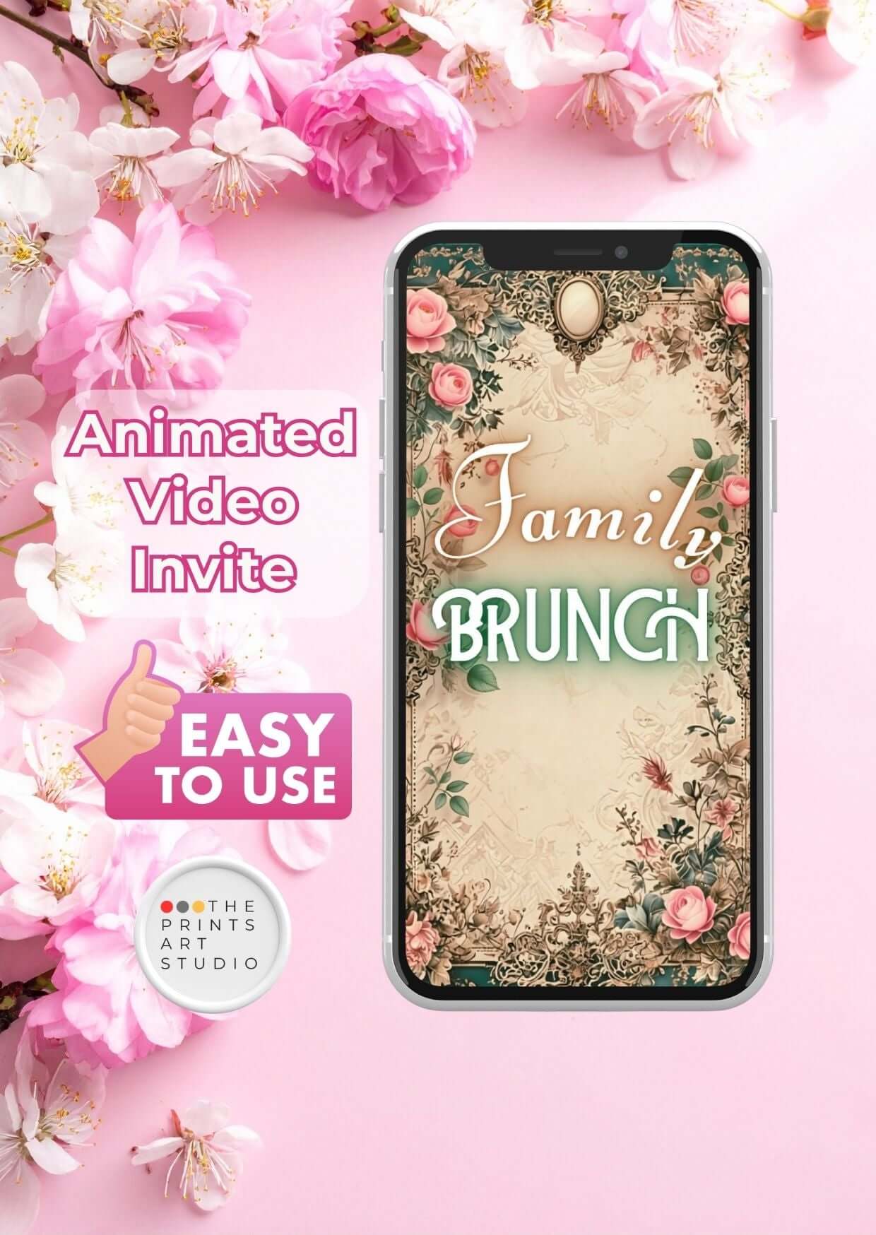 Brunch invitation template displayed on a smartphone with floral design, promoting an animated video invite.