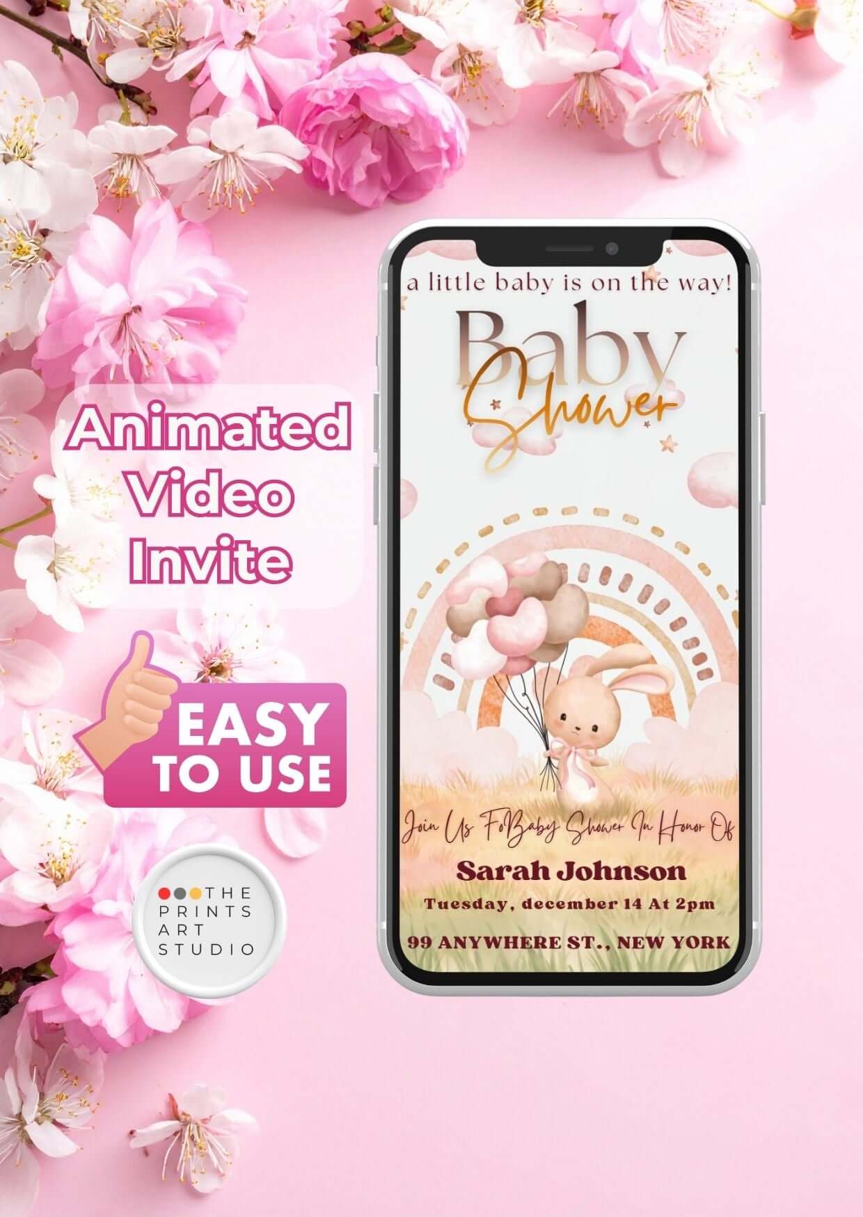 Animated Baby Shower Video Invitation with bunny and pastel theme on a smartphone, easy to use.