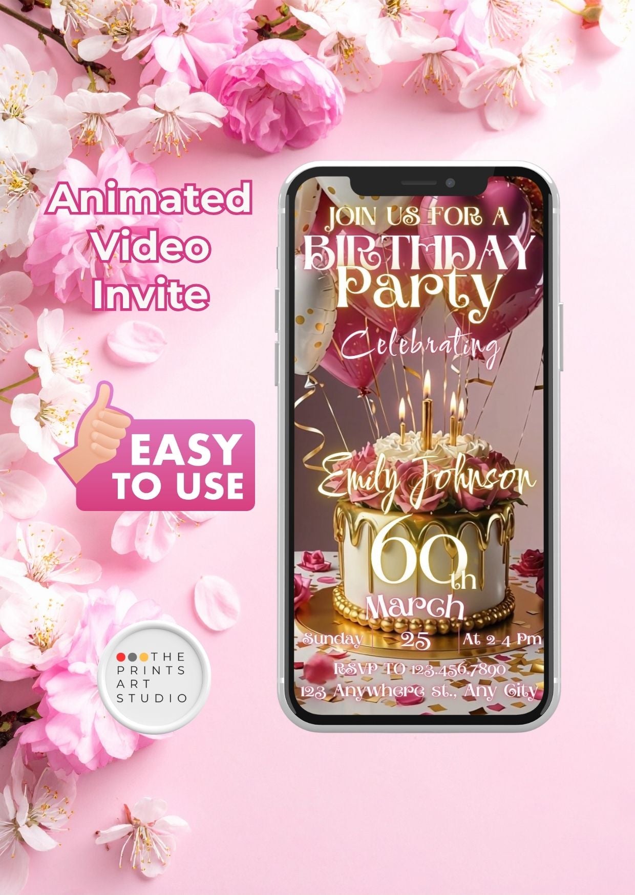 Elegant Birthday Video Invitation showcasing a gold-themed 60th birthday party design on a smartphone, surrounded by pink flowers.