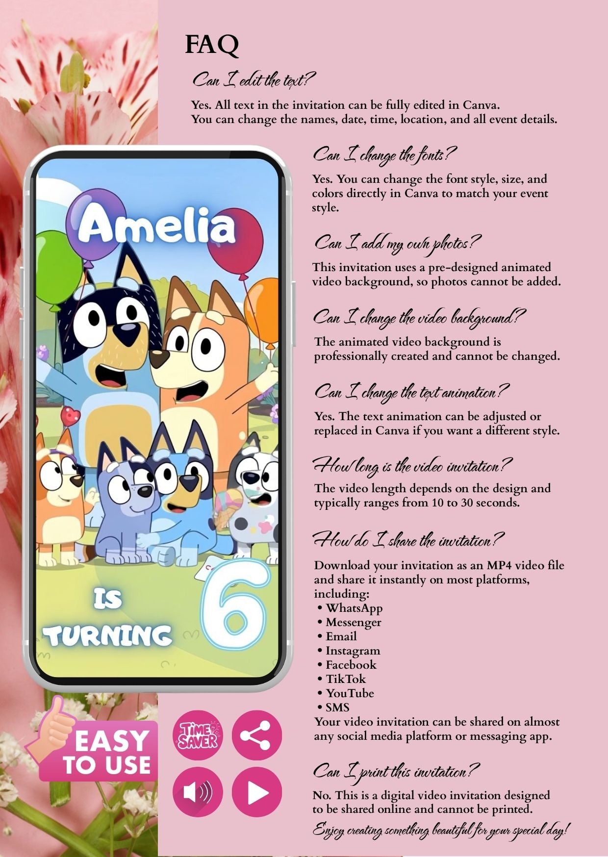 Bluey birthday video invitation featuring animated characters and customizable details for a child's birthday.