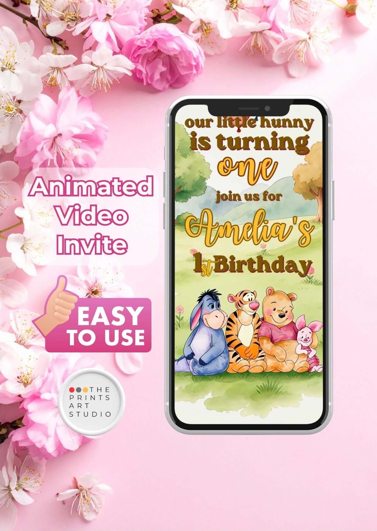 Pooh first birthday invitation video template featuring animated characters and floral background for Amelia's birthday.