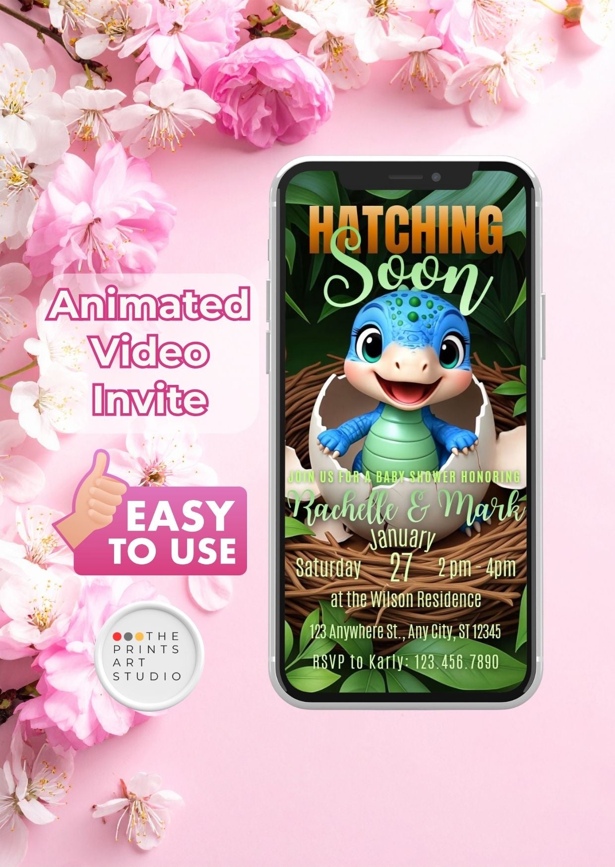 Baby Shower Invitation Video featuring dinosaur theme on a smartphone, surrounded by flowers, with text 'Hatching Soon' and event details.
