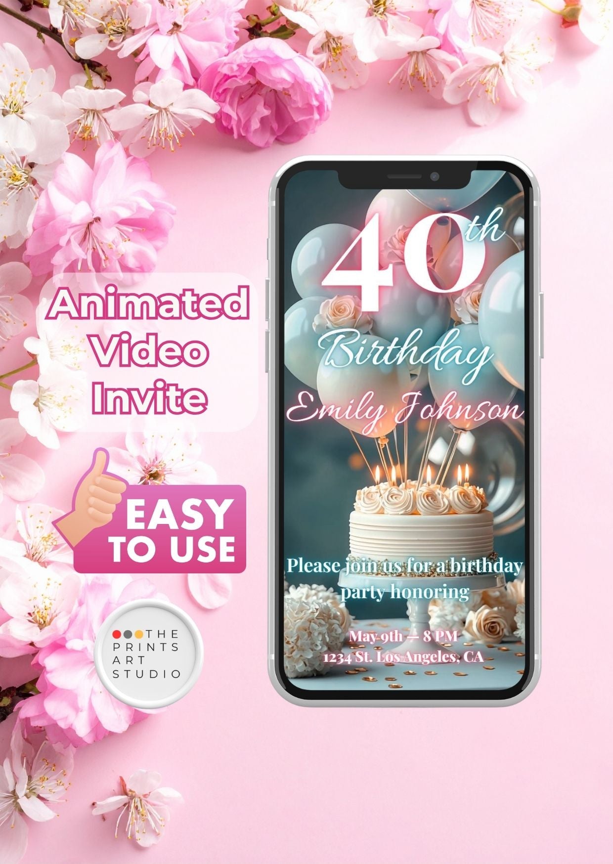 40th birthday video invitation featuring animated design, personalized details, and floral background.