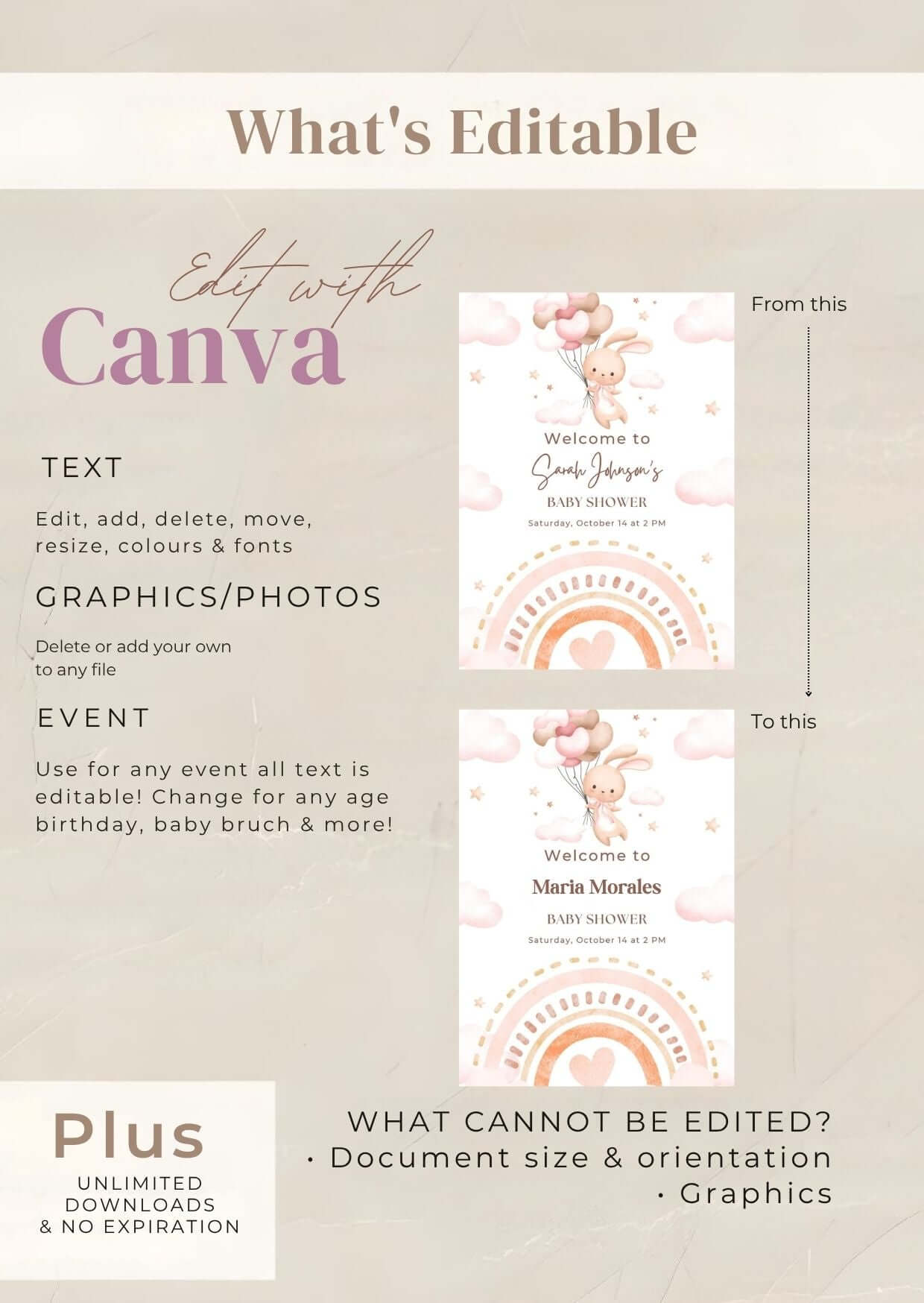 Editable baby shower welcome sign template with bunny and balloons for customization in Canva.
