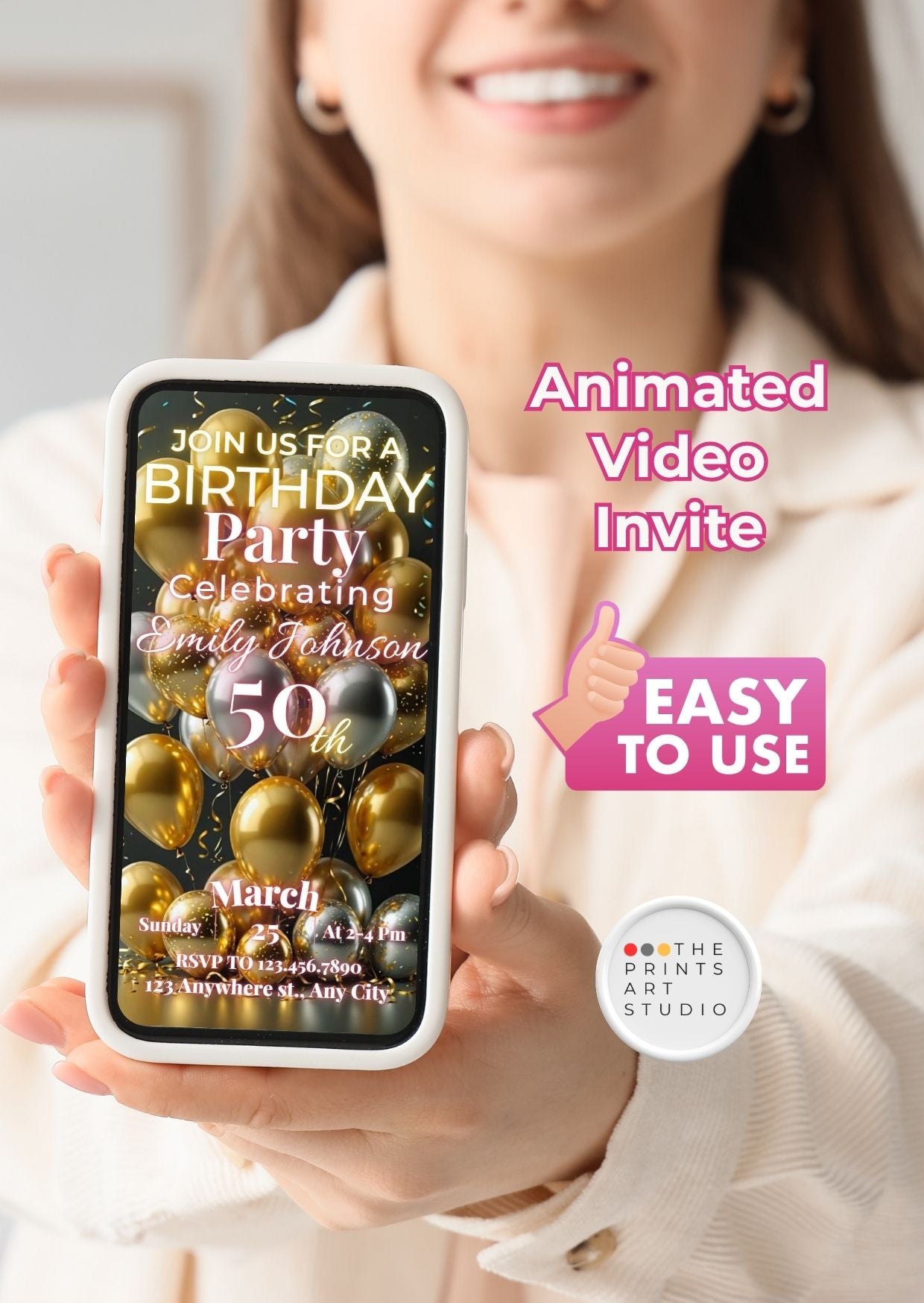 50th Birthday Video Invitation displayed on a phone, featuring an elegant party theme with golden balloons and text for a milestone celebration.