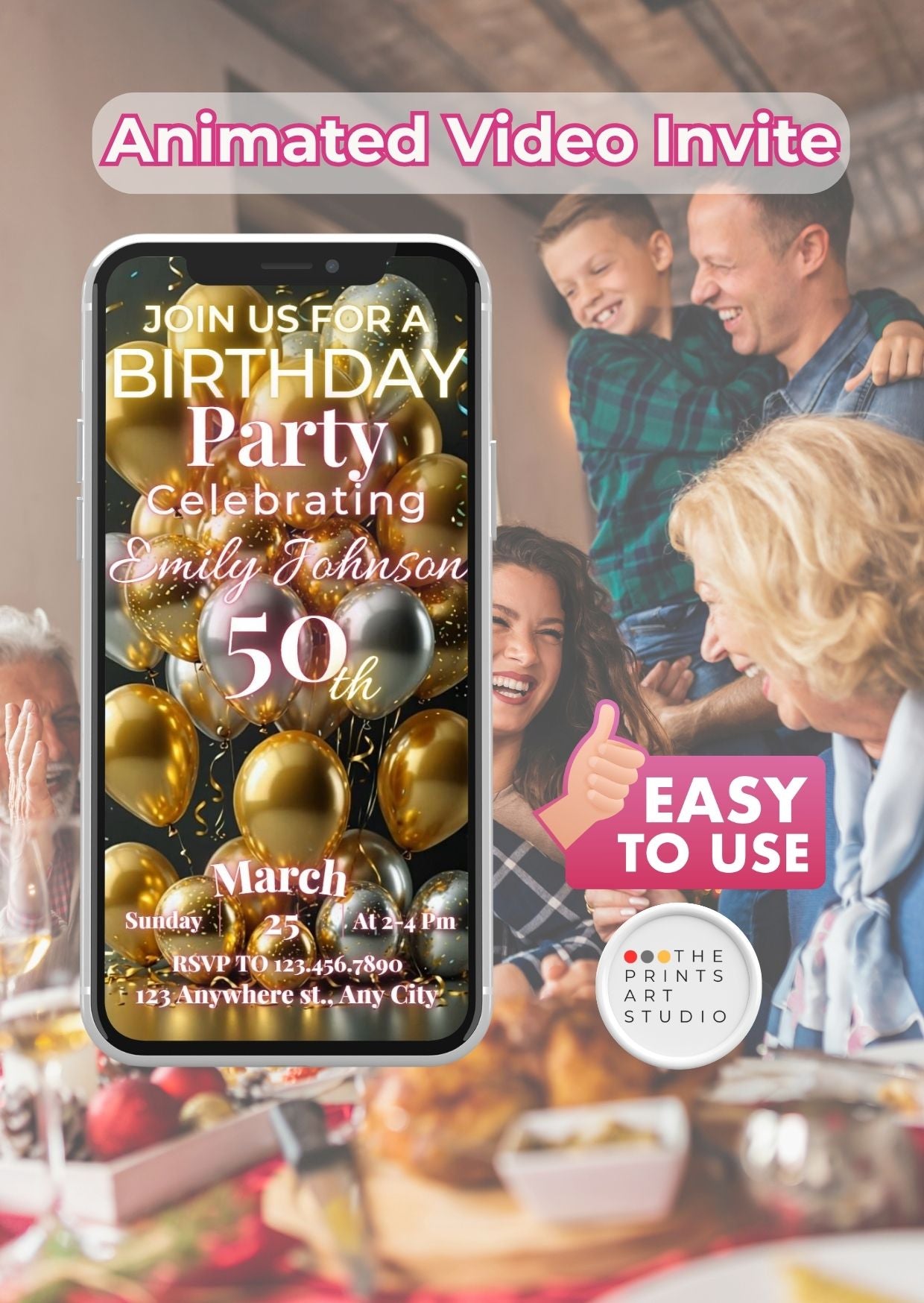 50th Birthday Video Invitation with golden balloons and family celebration in background