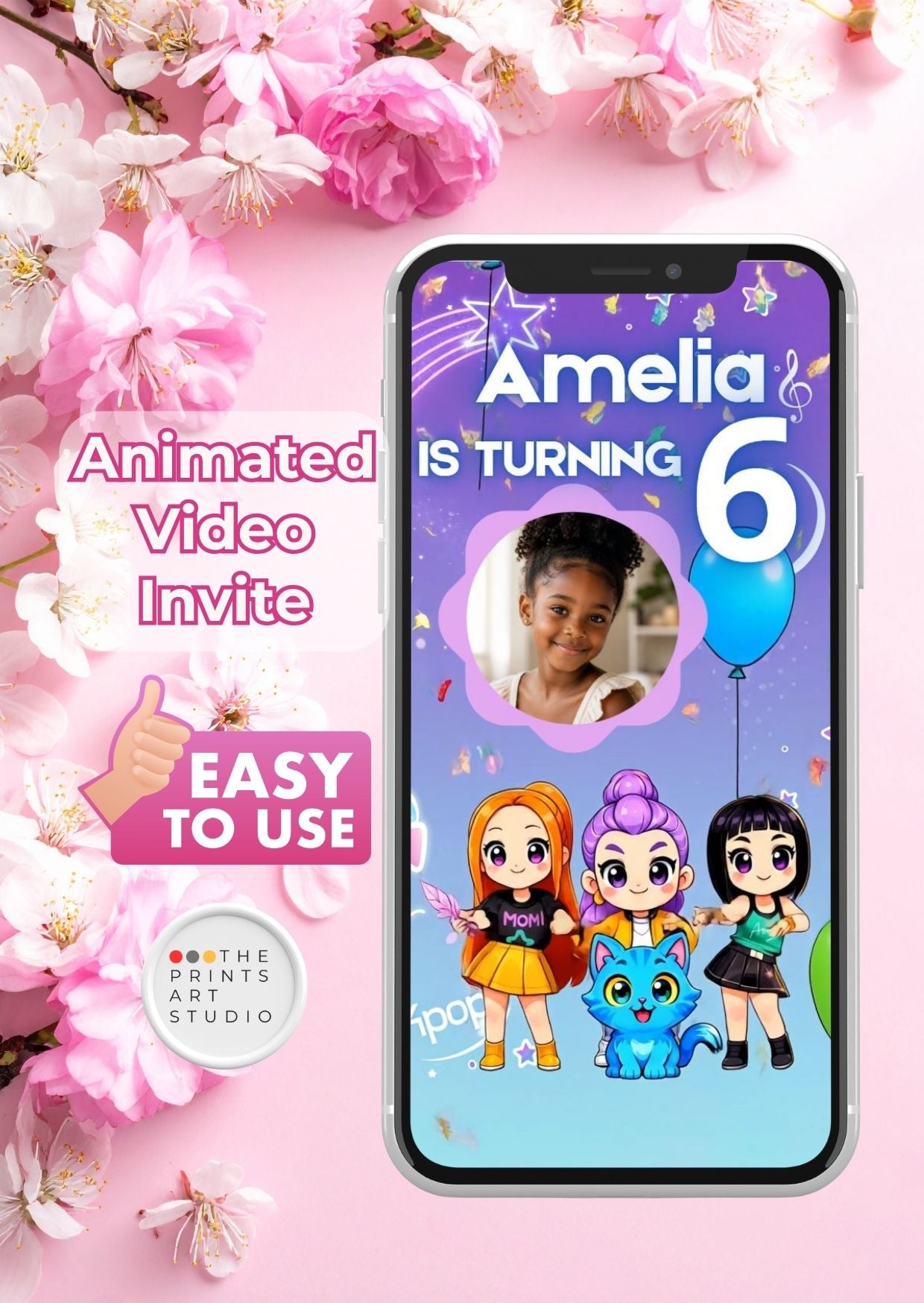 Kpop Birthday Video Invitation featuring a child's photo and animated characters for a birthday celebration.