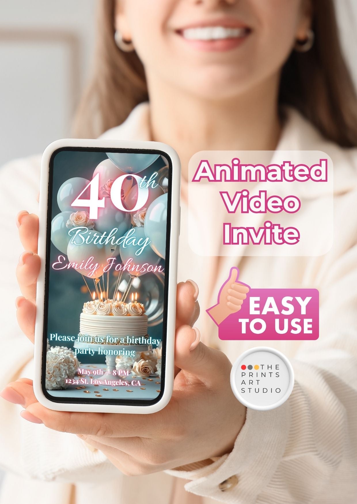 40th birthday video invitation on a smartphone displaying an animated video invite for a birthday celebration.