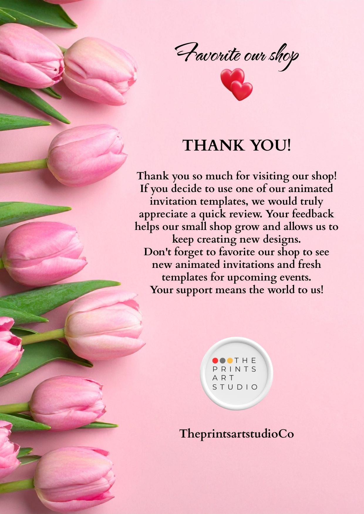 Bluey birthday video invitation Pink background with tulips and a thank you message for a digital animation invitations shop.