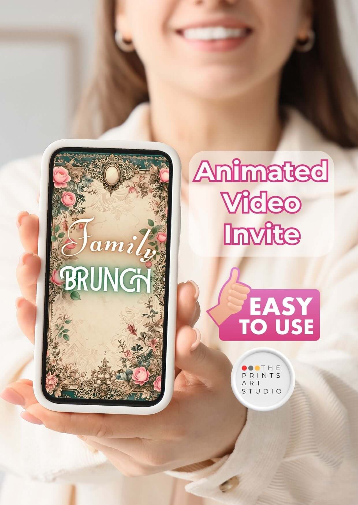 Brunch invitation template displayed on a mobile phone, showcasing a vintage animated video invite design.