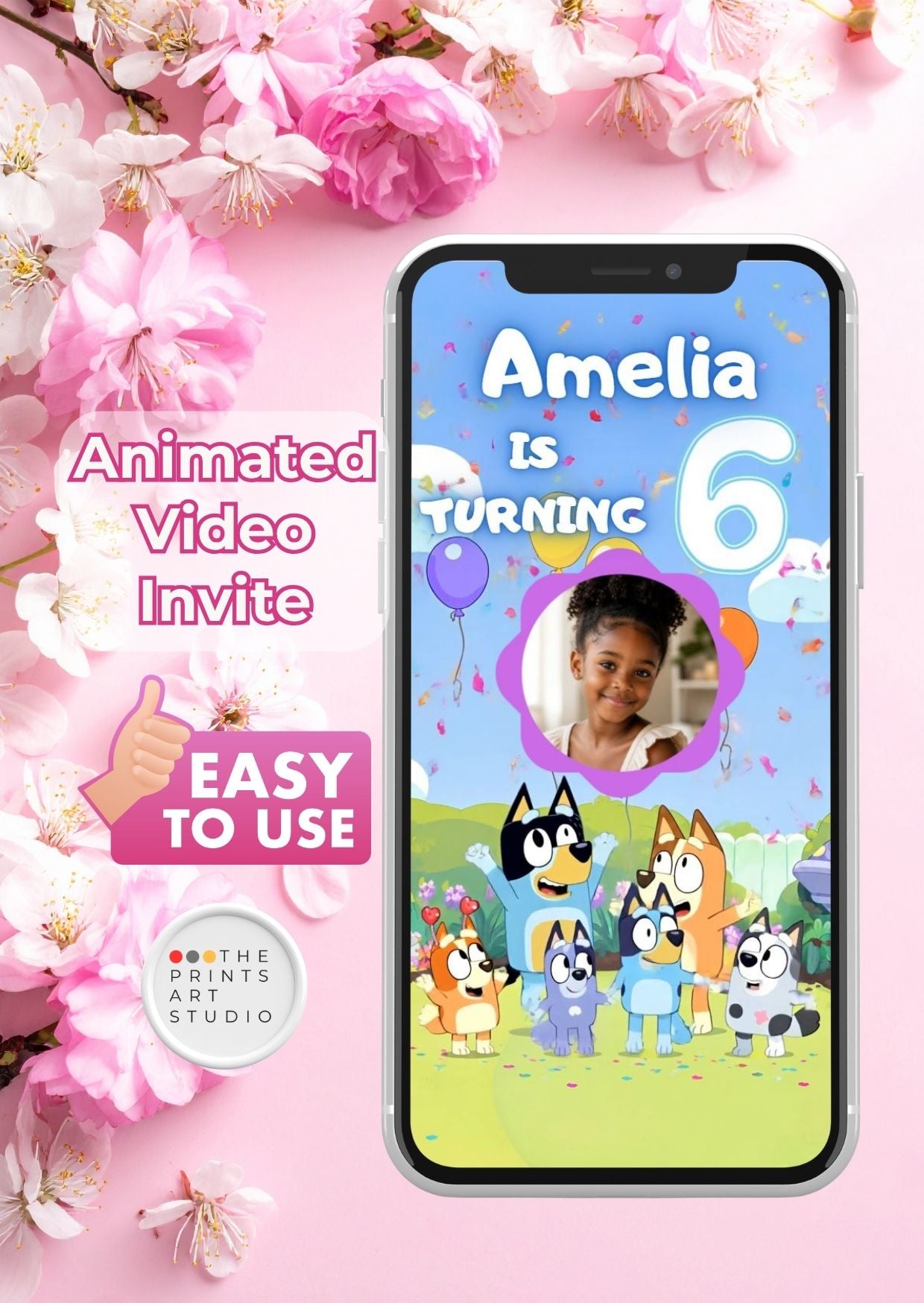 Bluey birthday video invitation featuring a personalized animated invite for child's 6th birthday celebration.