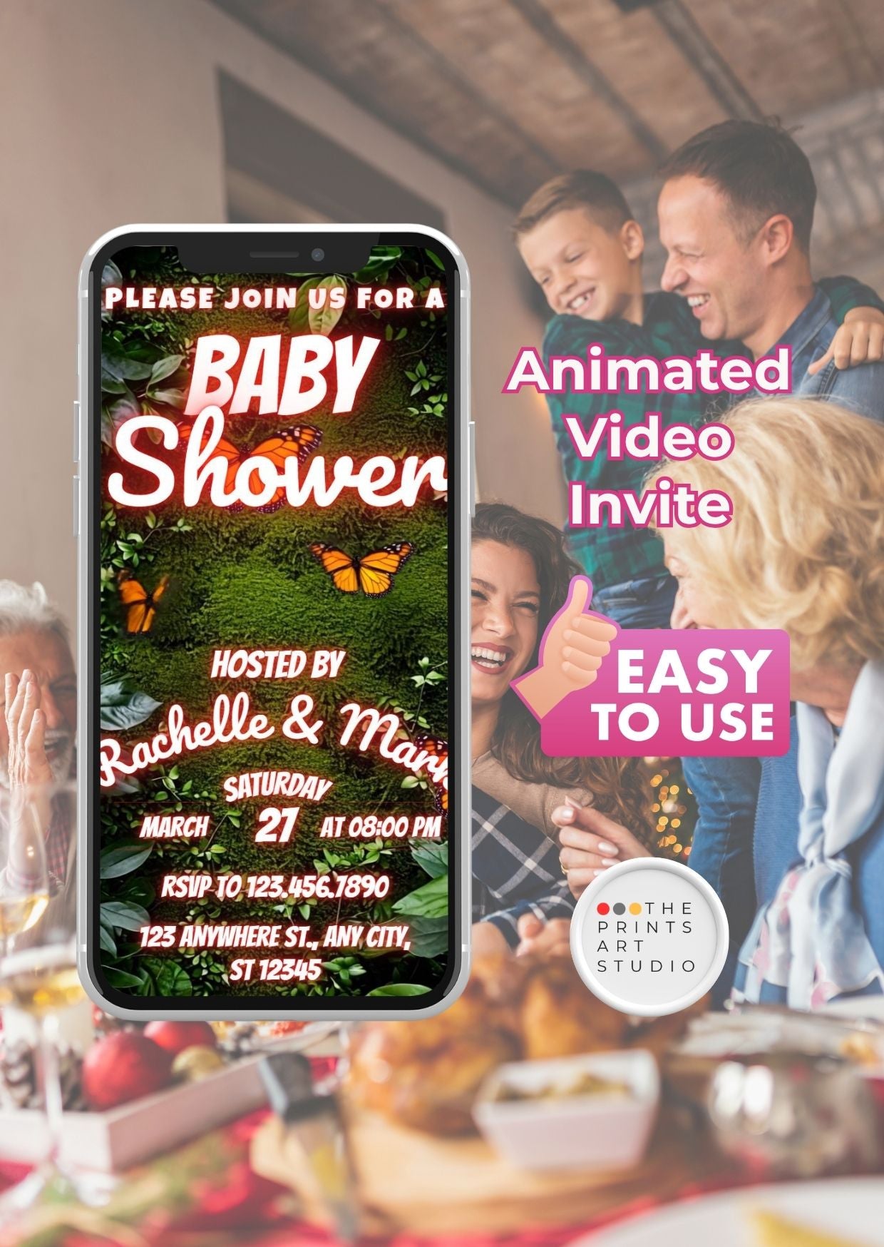 Baby Shower Video Invitation Jungle Theme with animated phone screen and family celebrating.