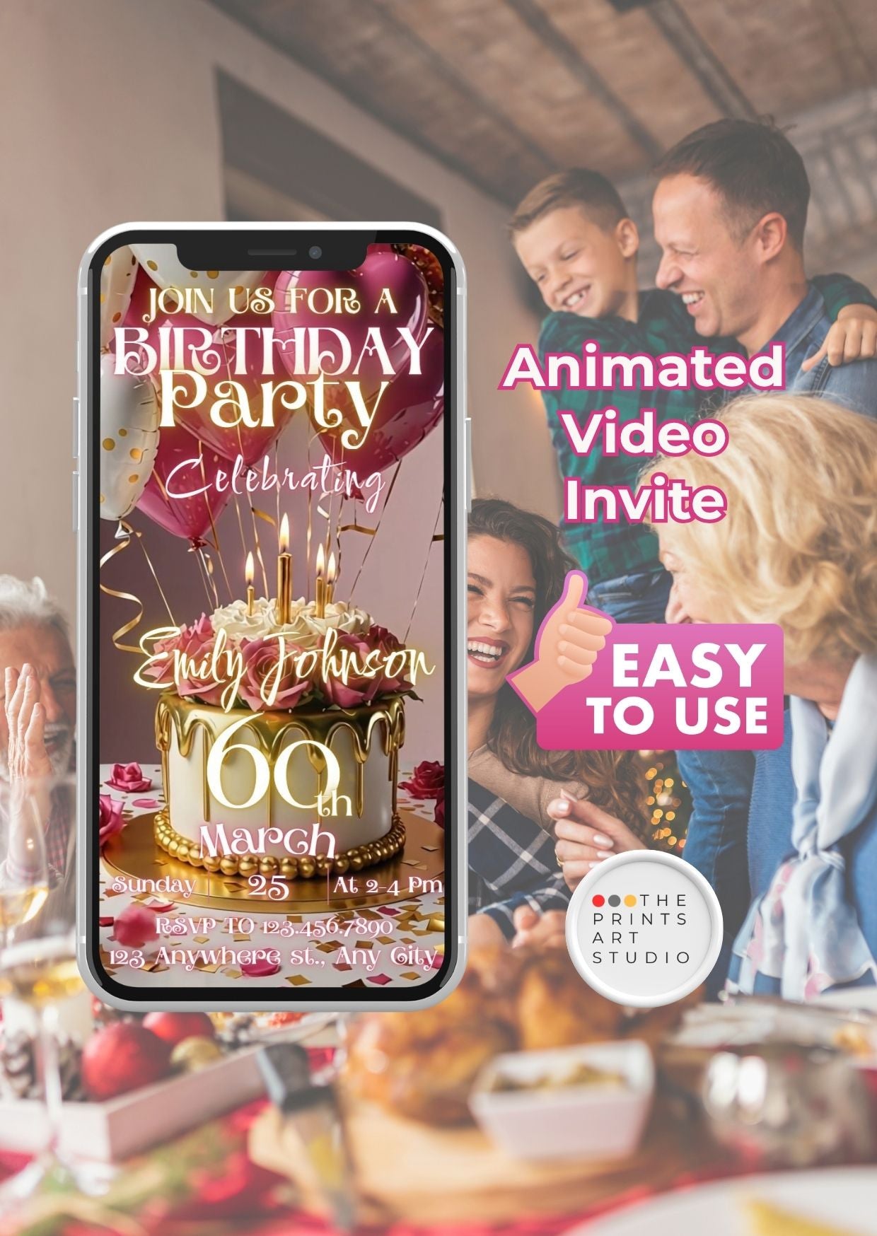 Birthday Video Invitation on smartphone screen with family celebrating a 60th birthday party.