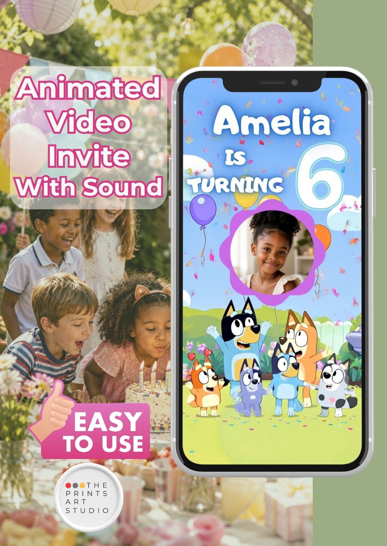 Bluey birthday video invitation featuring animated design with child's photo and birthday details