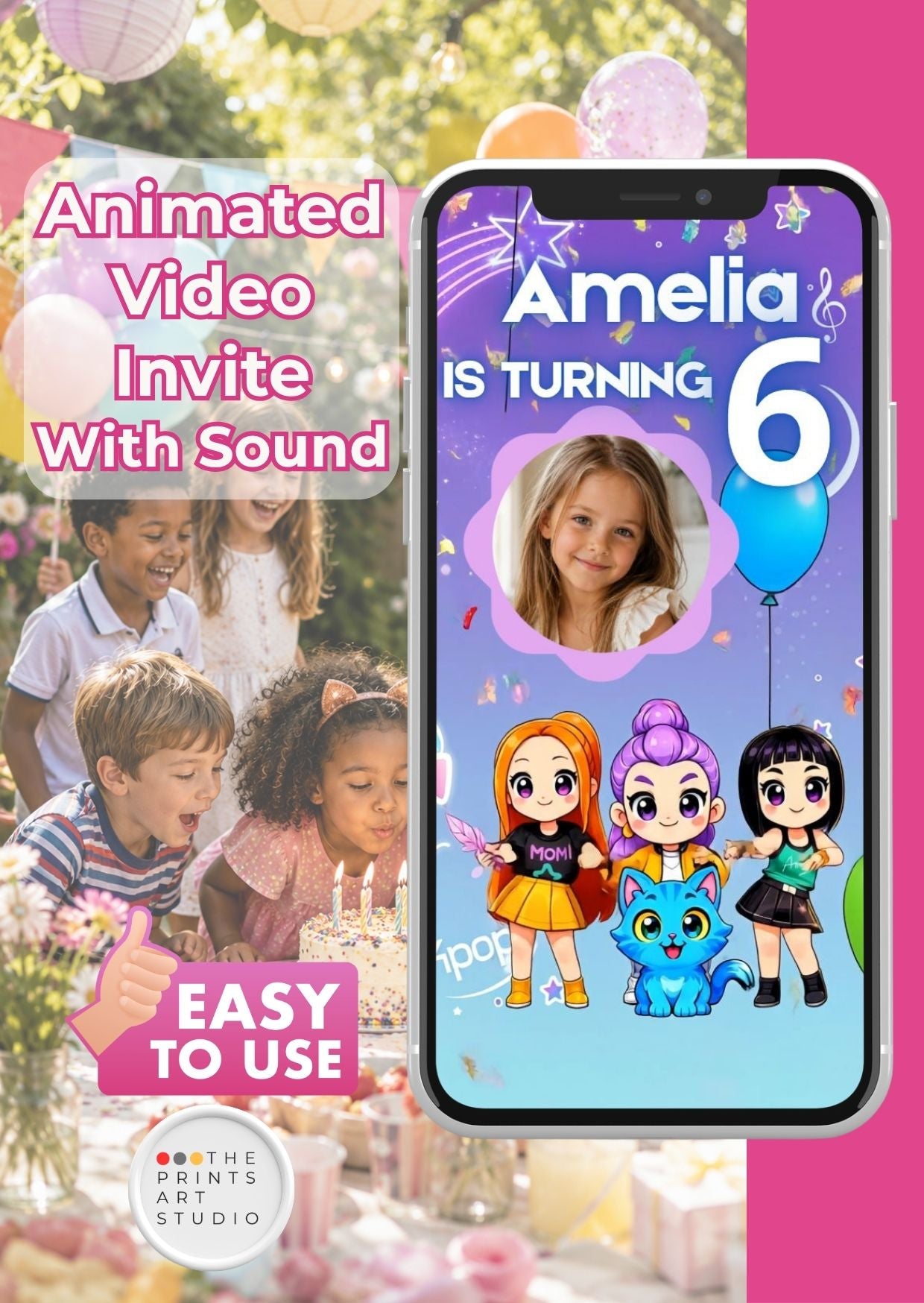 Kpop Birthday Video Invitation showcasing a personalized animated invite for a child's birthday celebration.