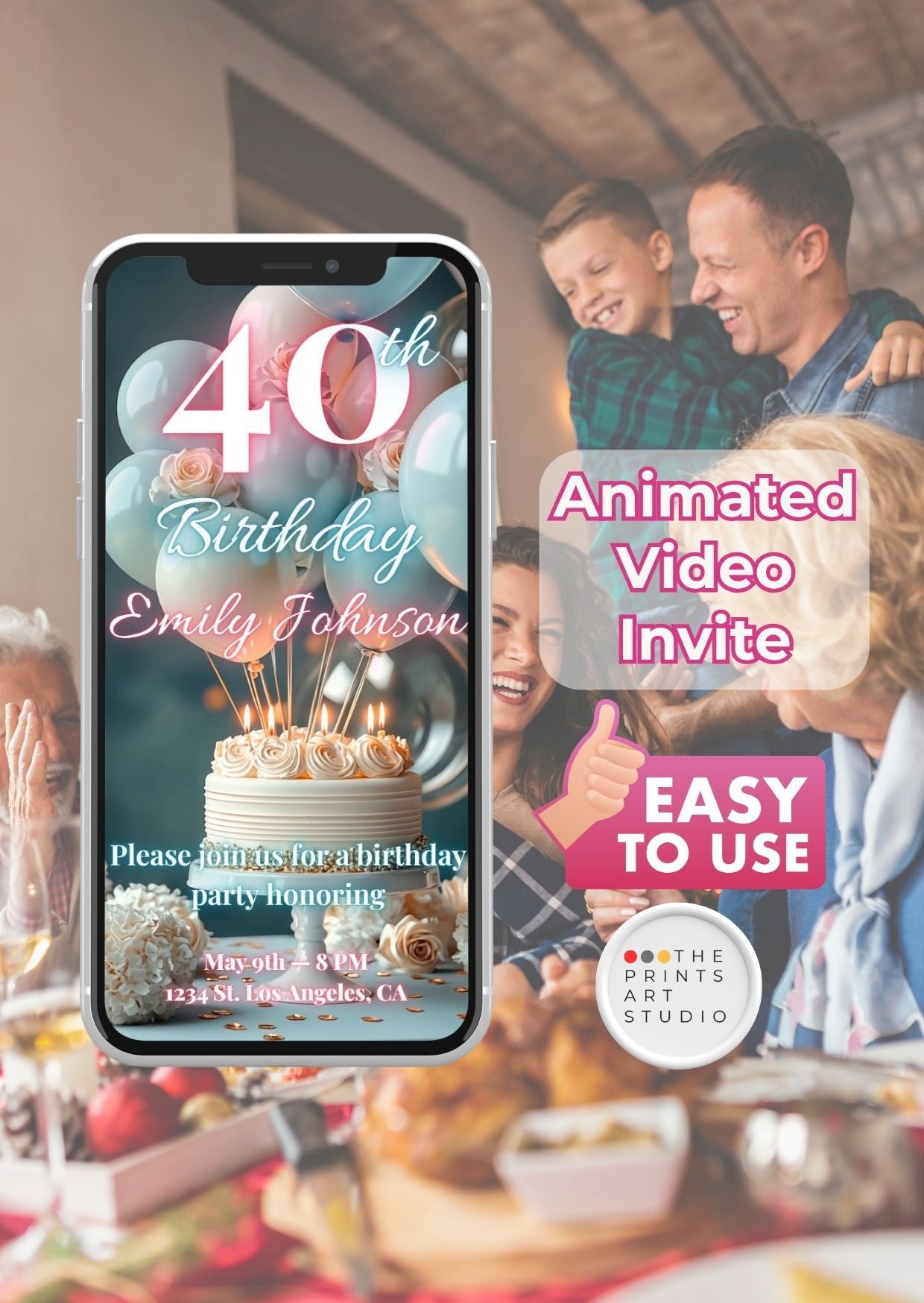 40th birthday video invitation displayed on a phone with festive balloons and family celebrating.