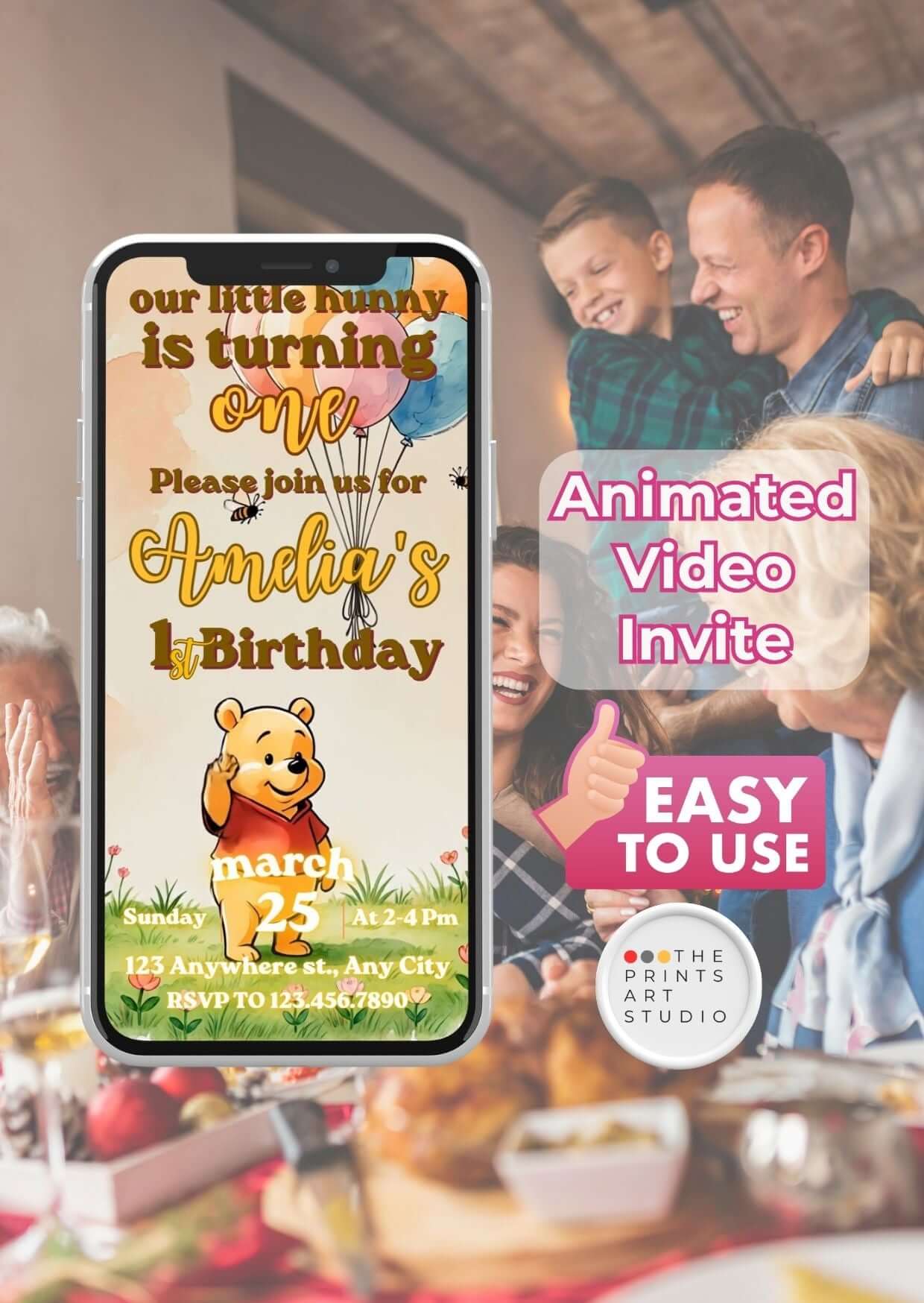 Winnie the Pooh birthday invitation video template featuring a digital invite for a child's birthday celebration.