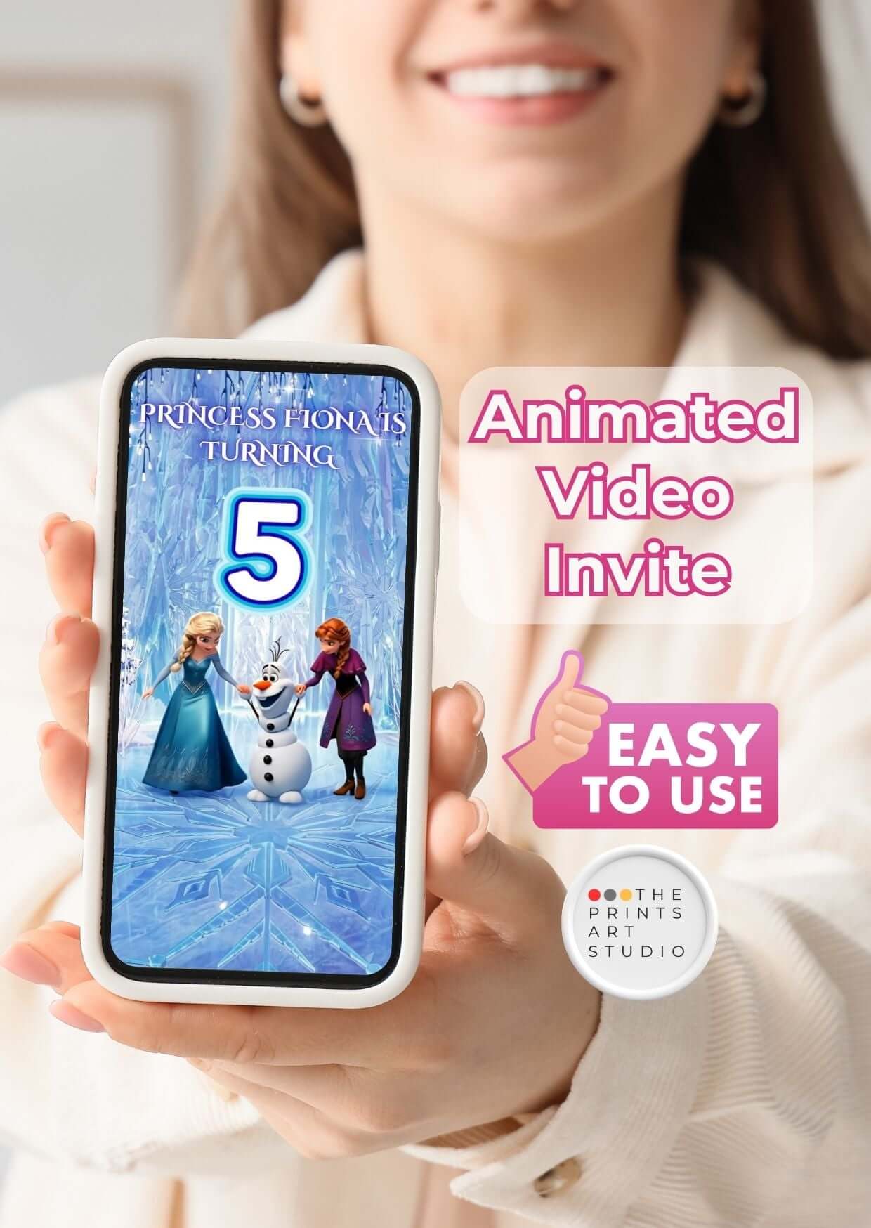 Frozen birthday invitation video displayed on a phone with animated graphics for a child's birthday party.