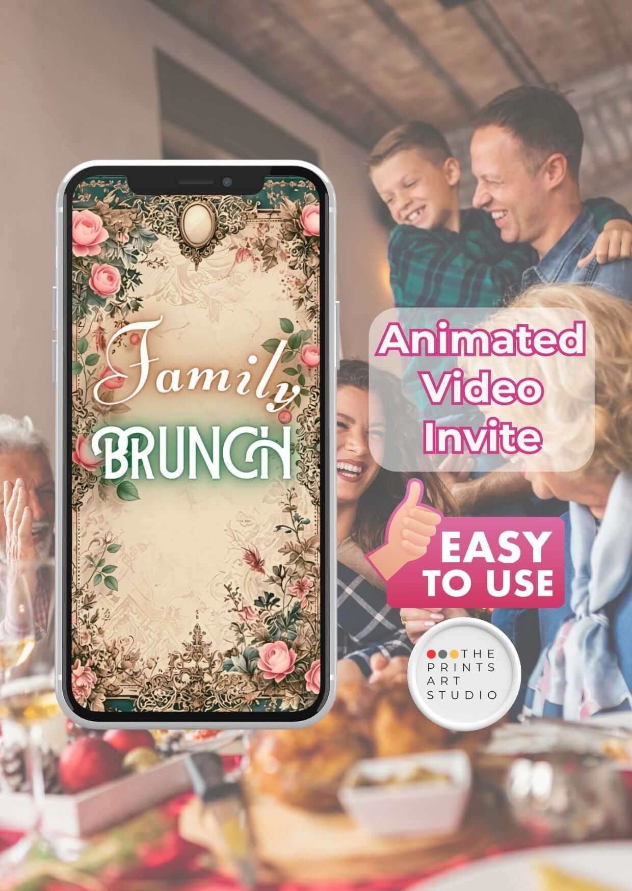 Brunch invitation template displayed on a smartphone, featuring an animated video invite with floral design.