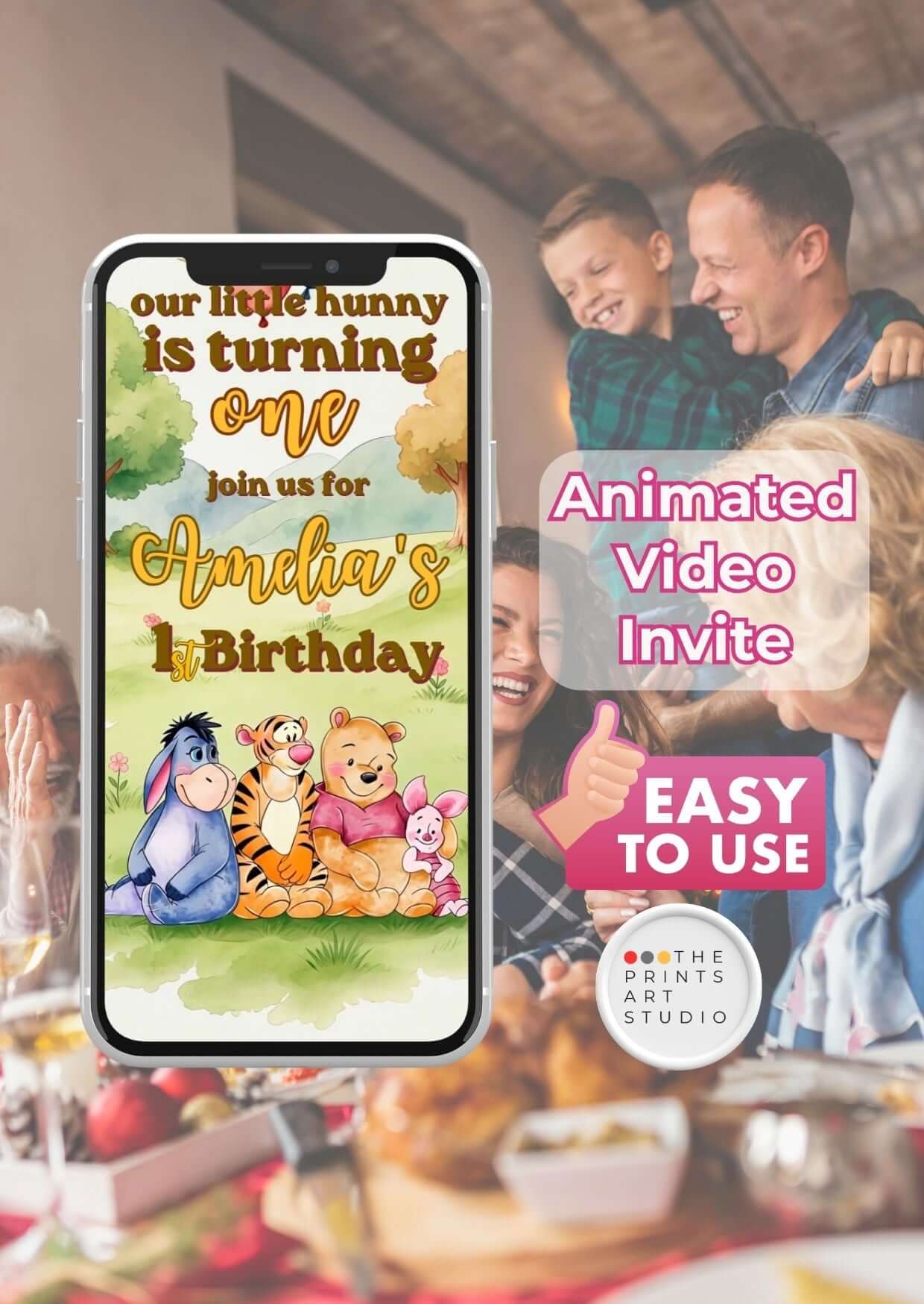 Pooh first birthday invitation video featuring animated invite design for Amelia's first birthday celebration.