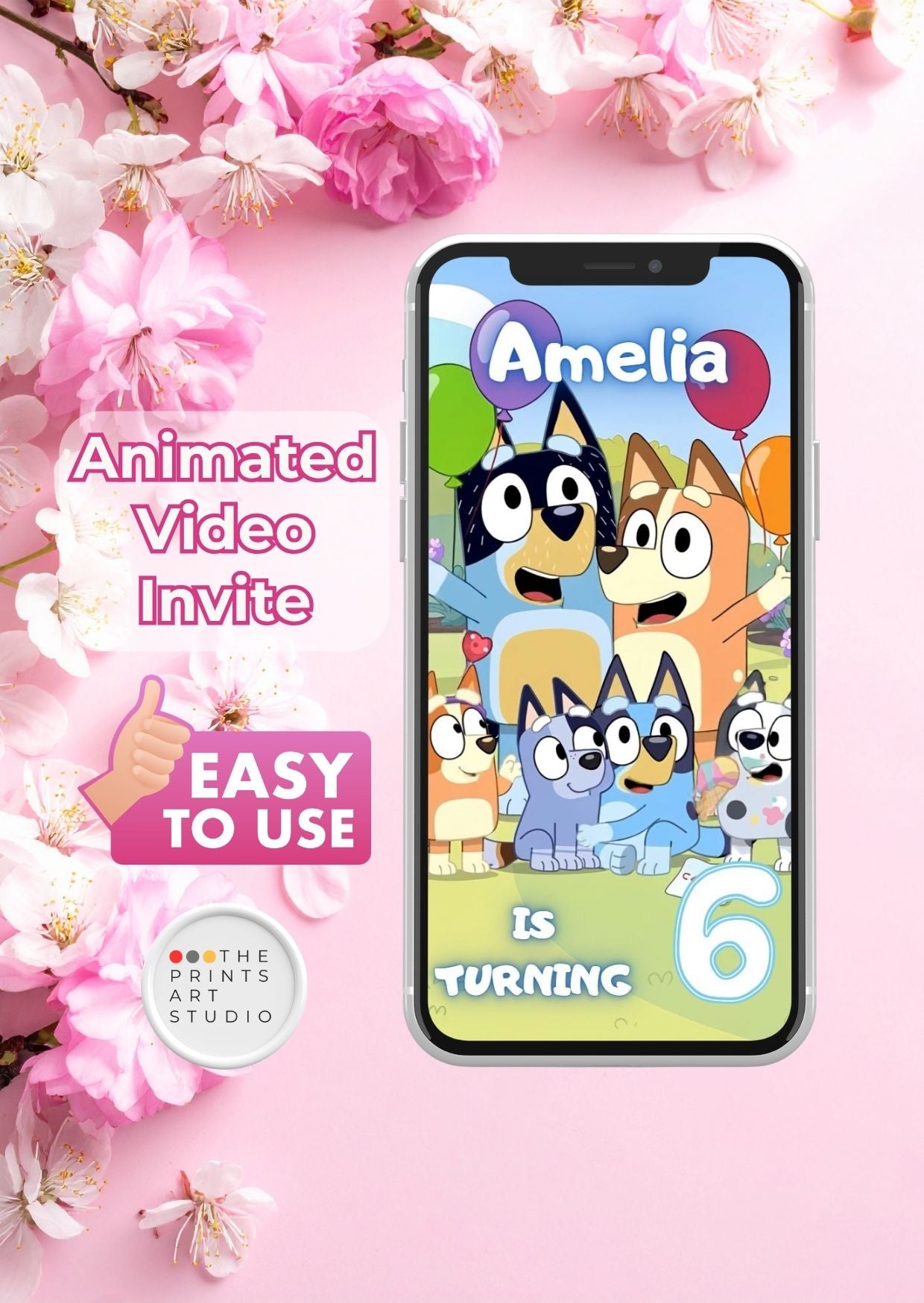 Bluey birthday video invitation showcased on a smartphone with floral background for a child's birthday.