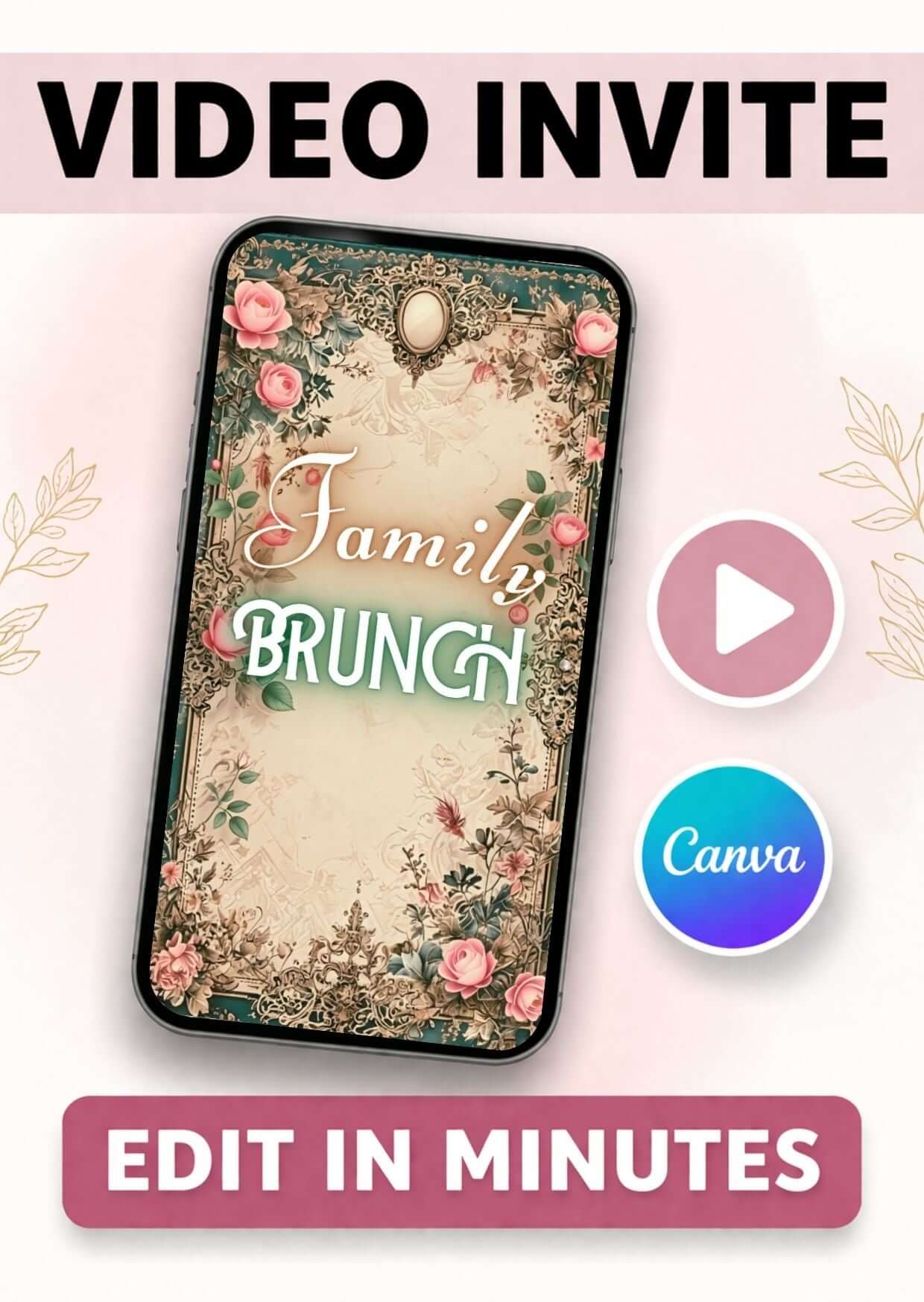 Brunch invitation template showcasing an editable family video invite design on a phone, perfect for elegant events.