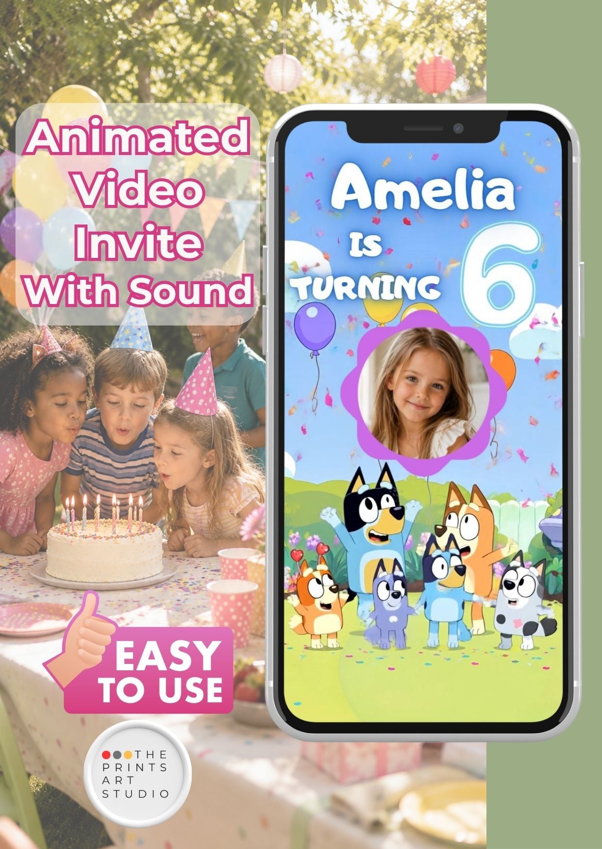 Bluey birthday video invitation featuring personalized photo for kids' parties.