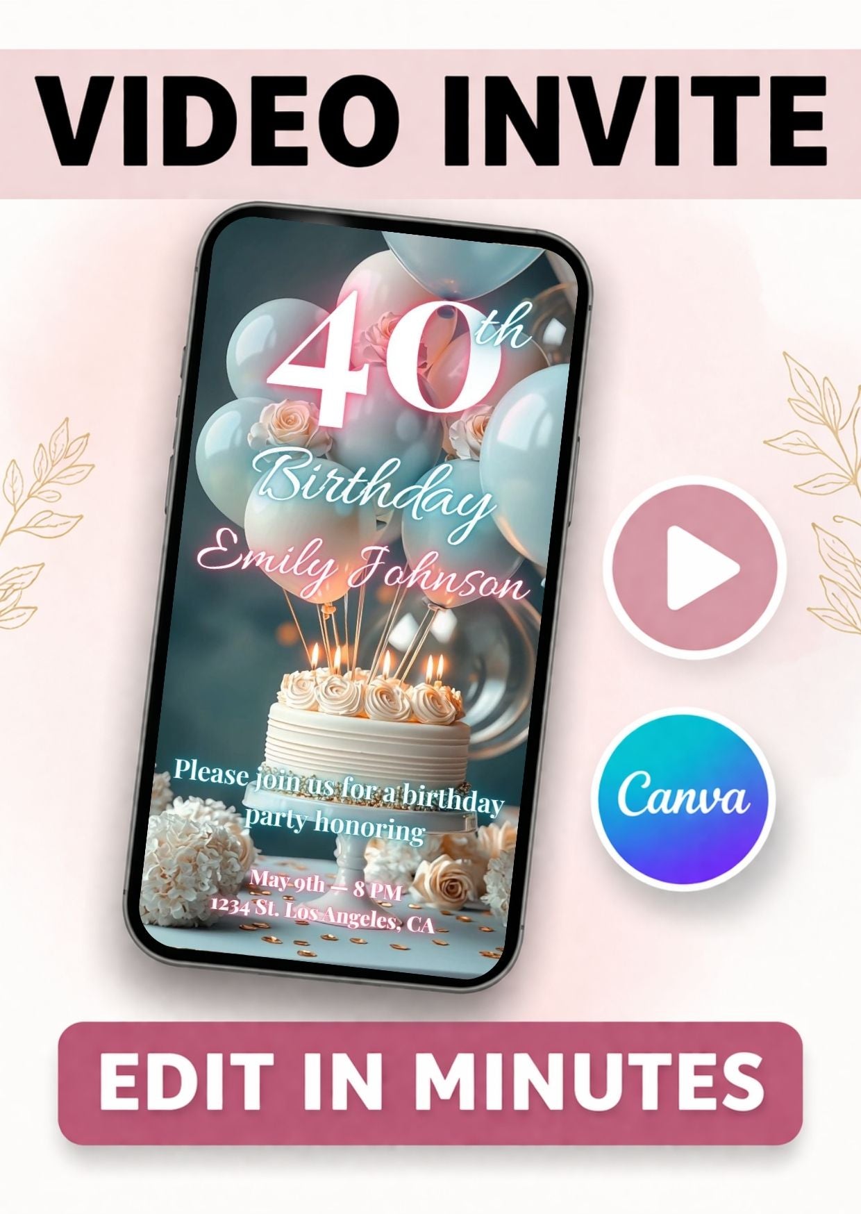 40th birthday video invitation showcasing a stylish digital invite with balloons and cake details.