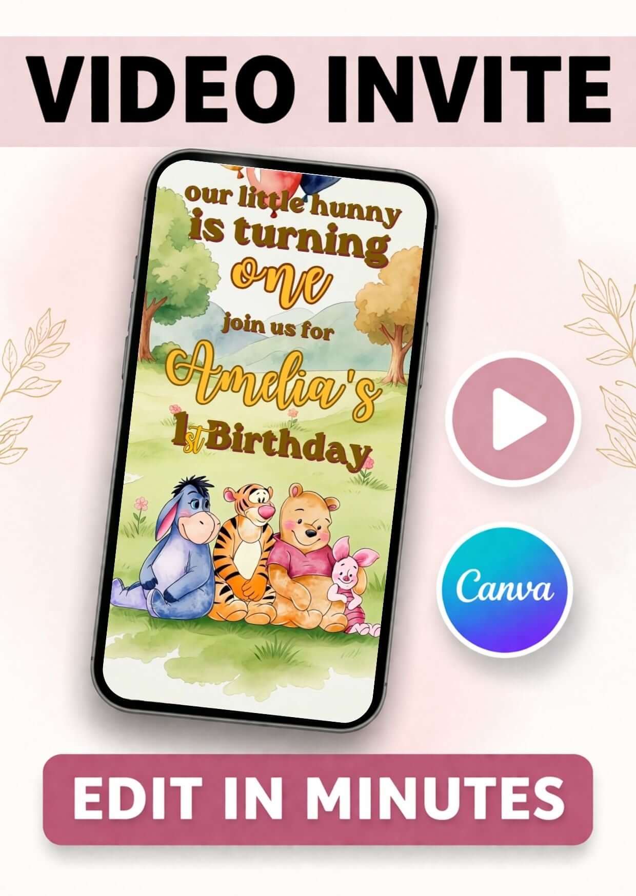 Pooh first birthday invitation video template featuring colorful characters for a magical celebration.