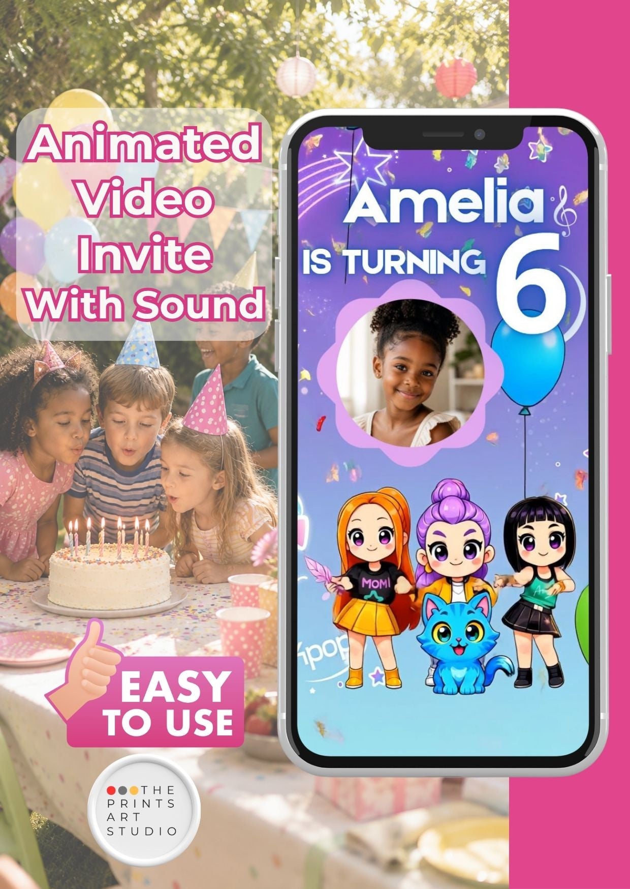 Kpop Birthday Video Invitation showcasing a smartphone design for a child's birthday party with vibrant animated elements.