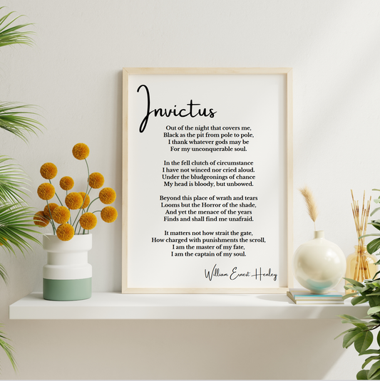Invictus Poem Print – Motivational Printable Wall Art on a shelf with decorative plants, high-resolution minimalist black and white artwork.