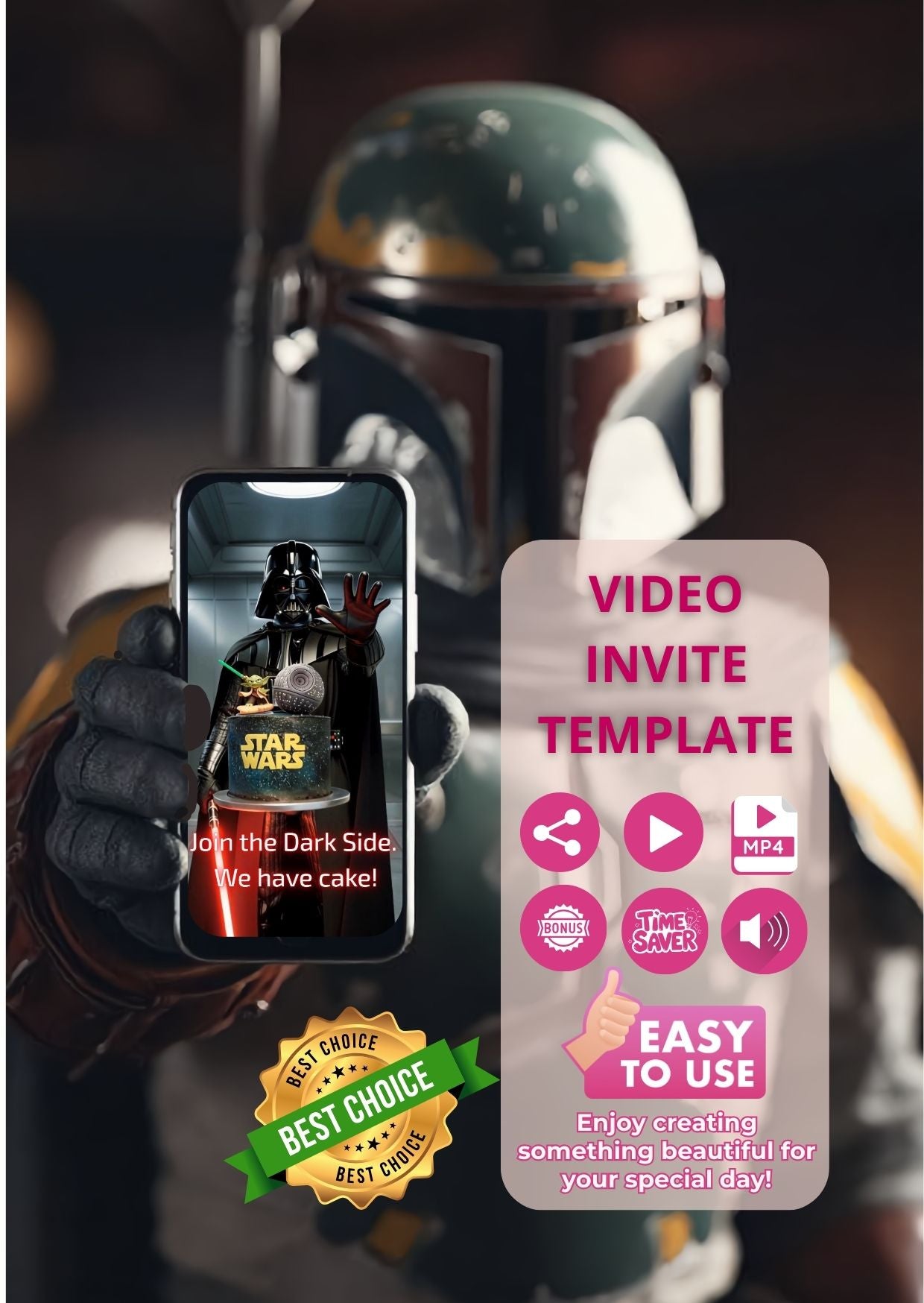 Star Wars Darth Vader Video Invitation template on smartphone with colorful icons and promotional text in the background.