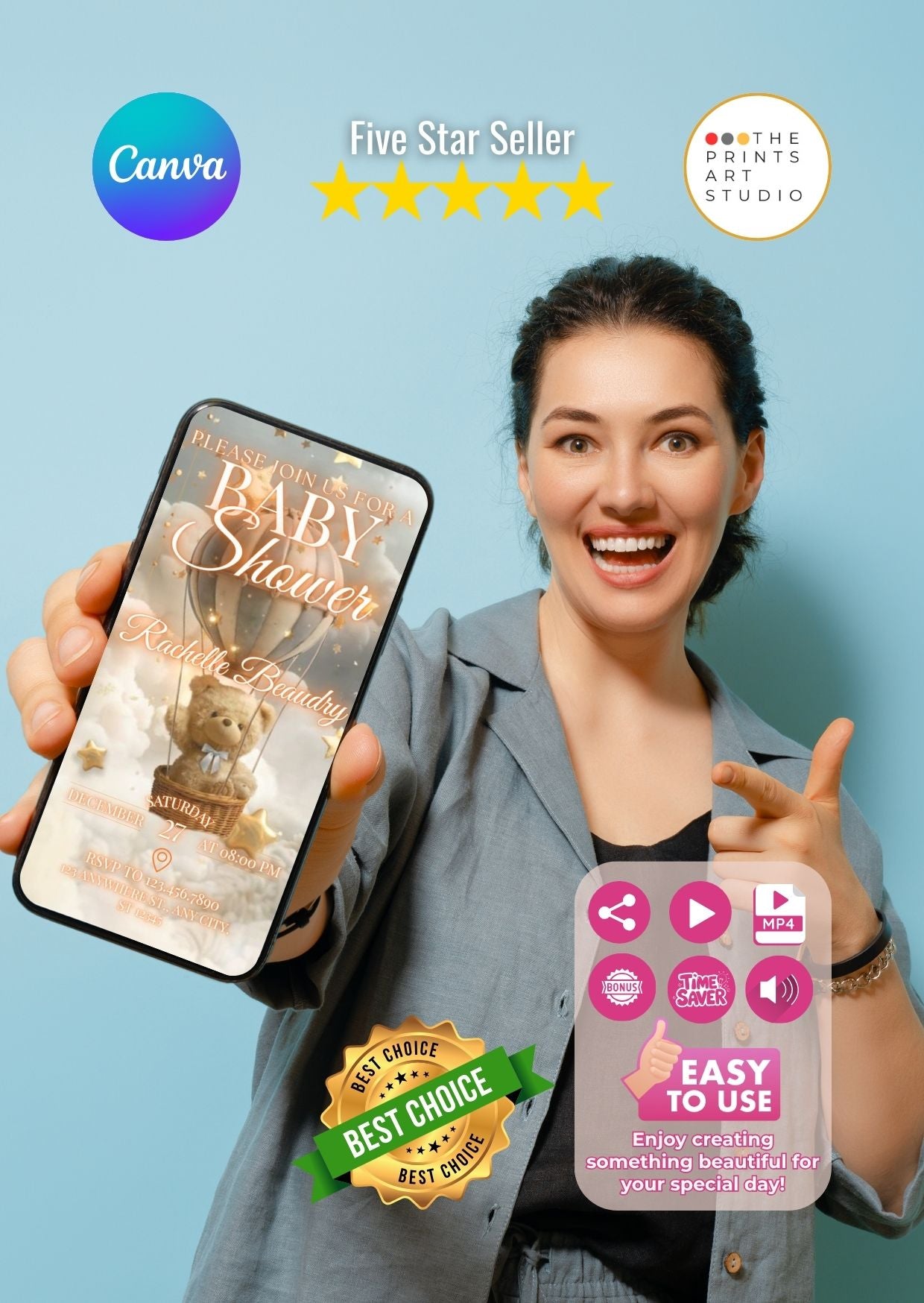 Teddy Bear Baby Shower Video Invitation  Editable Canva MP4