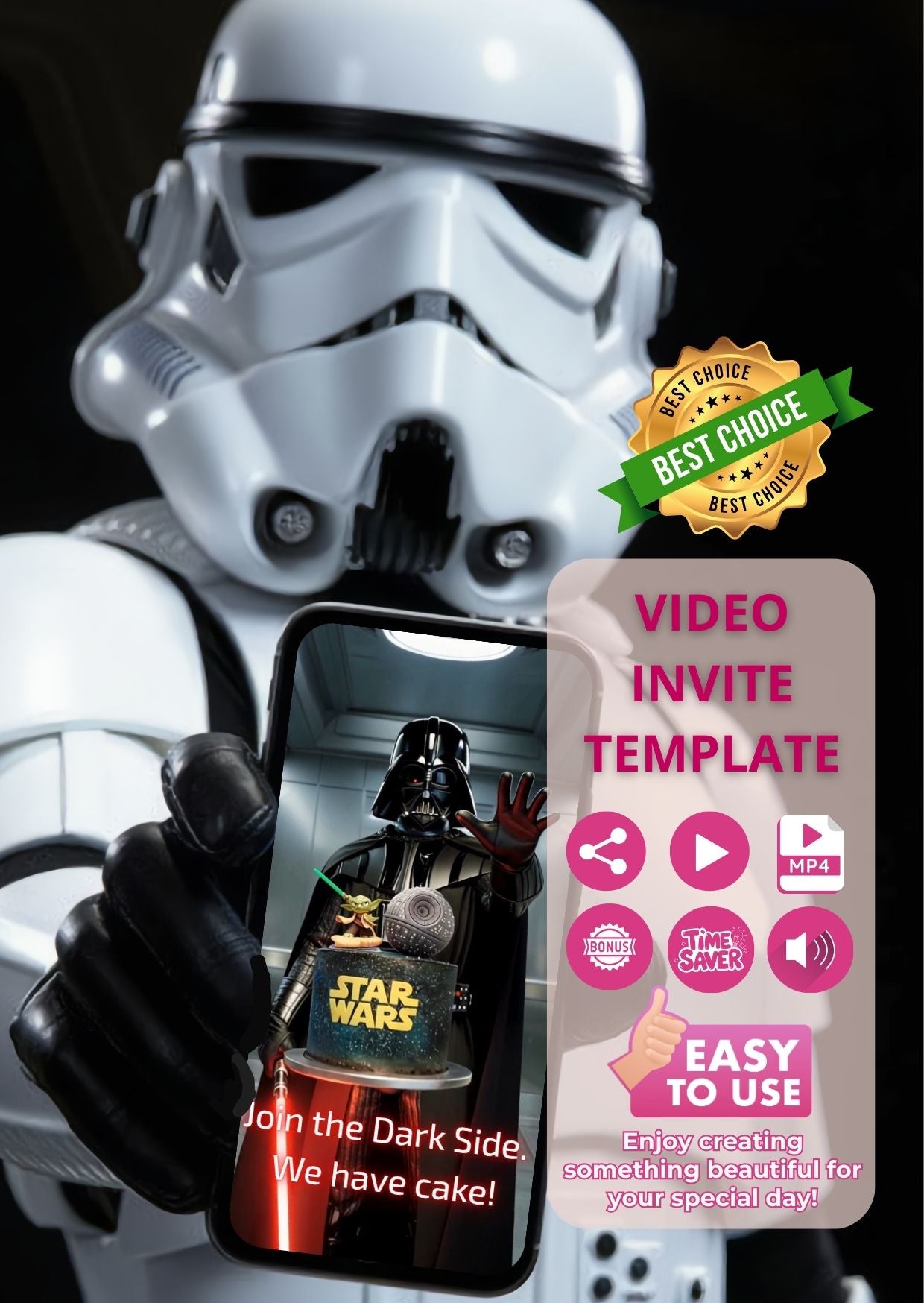 Star Wars Darth Vader Video Invitation template featuring cinematic animation and easy editing options on Canva.