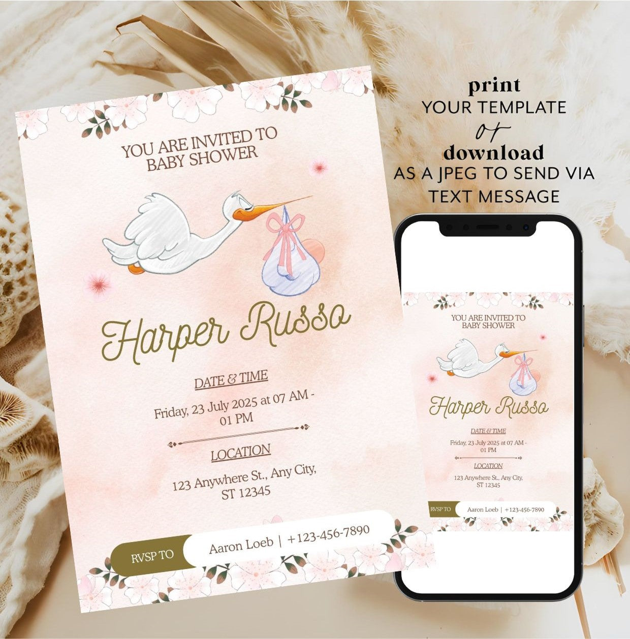 Stork Baby Shower Invitation | Editable Pink Watercolor Baby Shower Invite | Printable Digital Template with floral accents