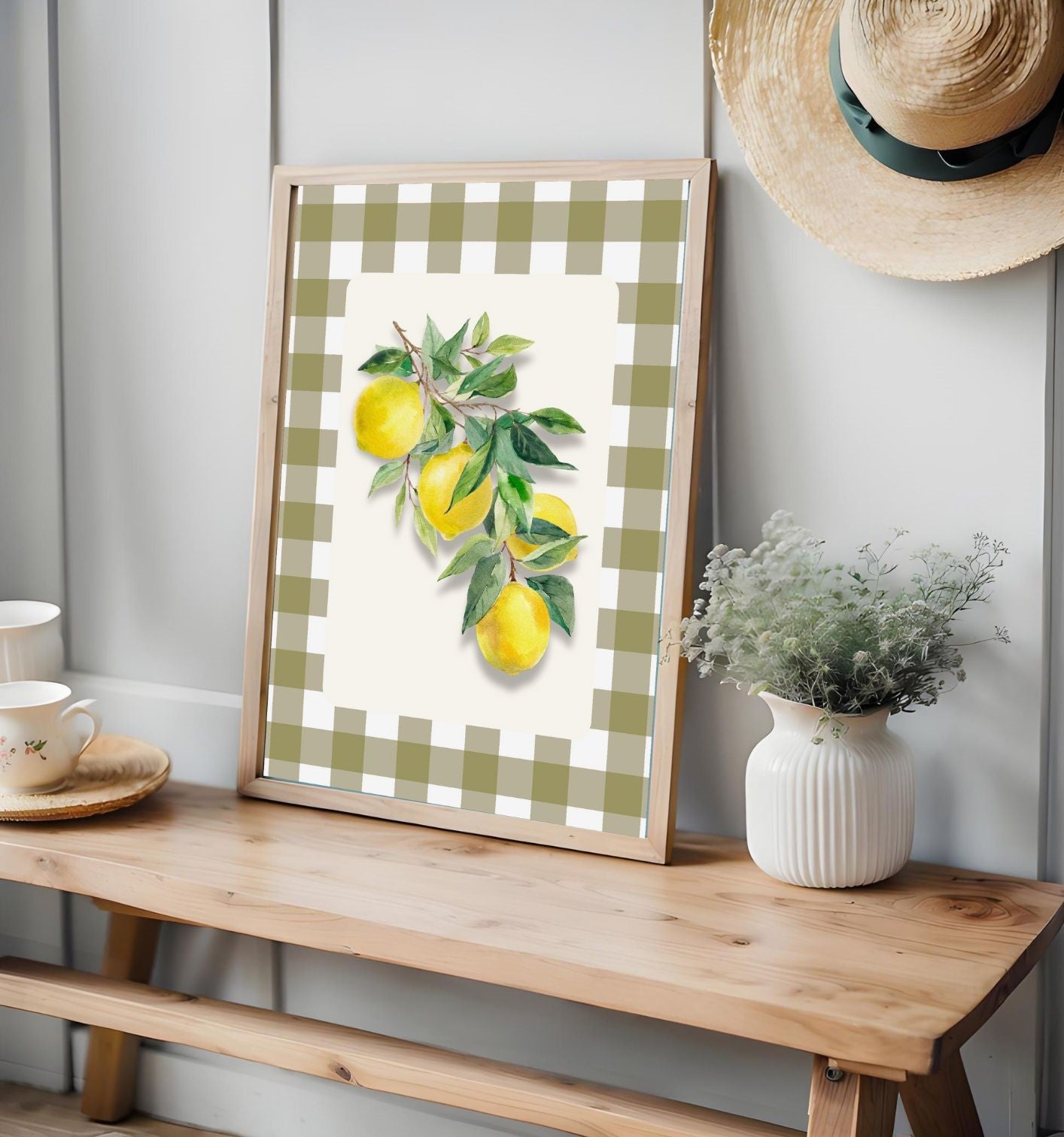 Lemon Kitchen Wall Art – Country Style Gingham Fruit Print – Fresh Summer Citrus Poster