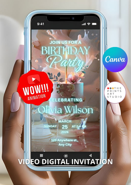 Editable birthday video invitation template ice light cake design on smartphone screen with elegant pastel lighting.