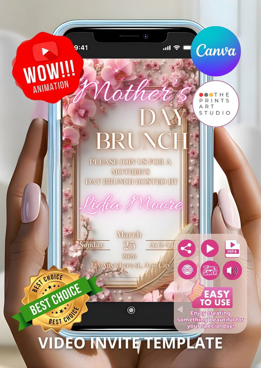 Mother's Day Brunch Video Invitation on smartphone screen with floral design and animation effects