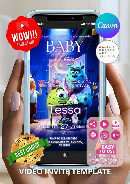 Smartphone displaying a Monster Baby Shower Video Invitation with cute monsters and vibrant colors.
