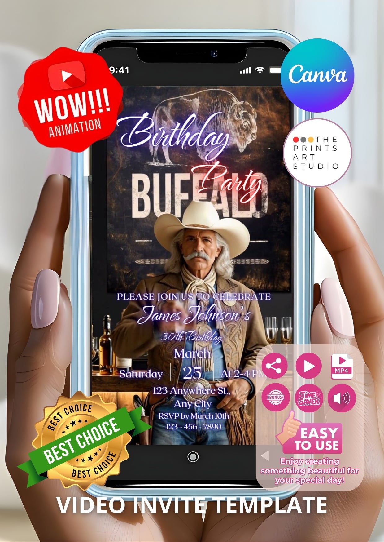 Buffalo Bill Birthday Invitation Video displayed on smartphone with western theme and animated features.