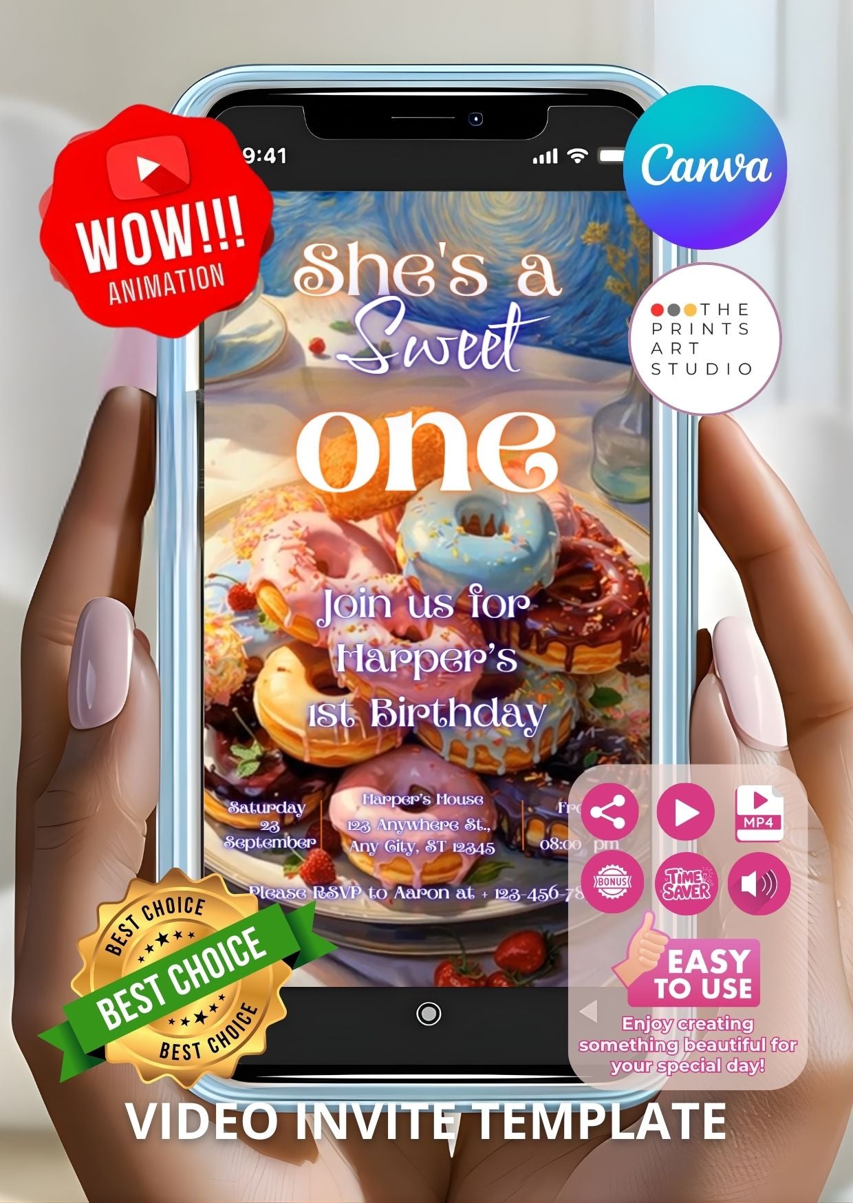 donut birthday video invitation displayed on a smartphone screen with colorful design elements for a child's first birthday celebration.