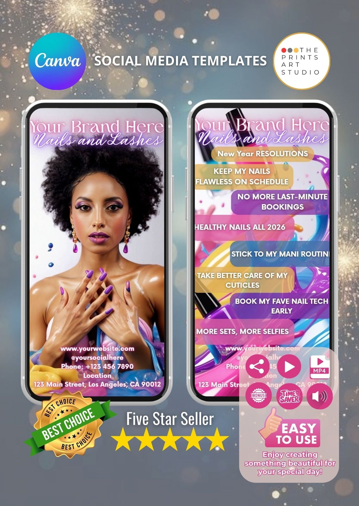 Afro American nail salon promo video template showcasing beauty services on mobile screens with vibrant design and text highlights.