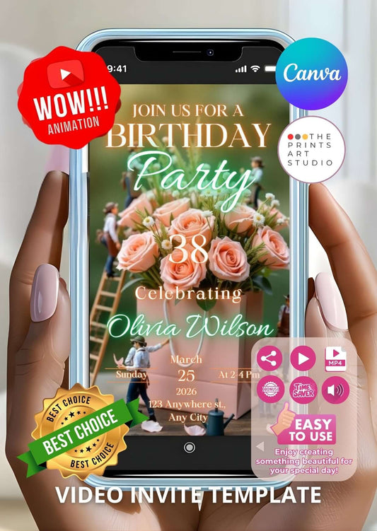 Birthday Video Invitation displayed on smartphone with flowers and party details in Canva template design.