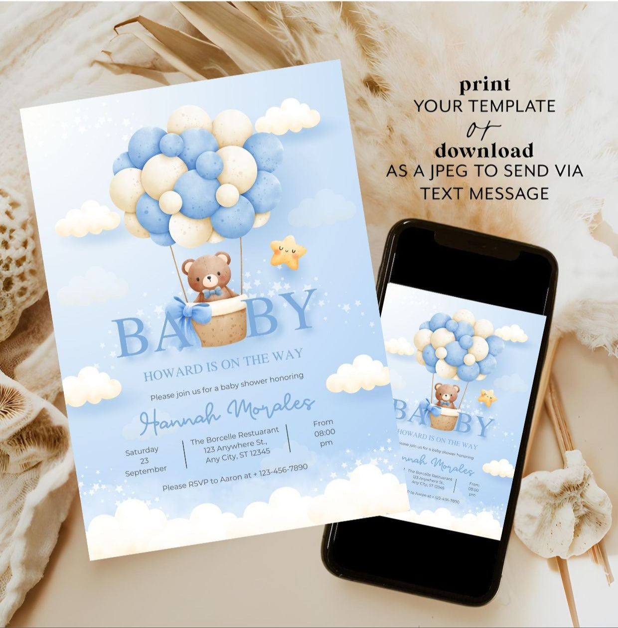 Blue Teddy Bear Baby Shower Invitation | Editable Boy Baby Shower Invite | Gender Neutral Balloon Bear Template | Printable Digital Download